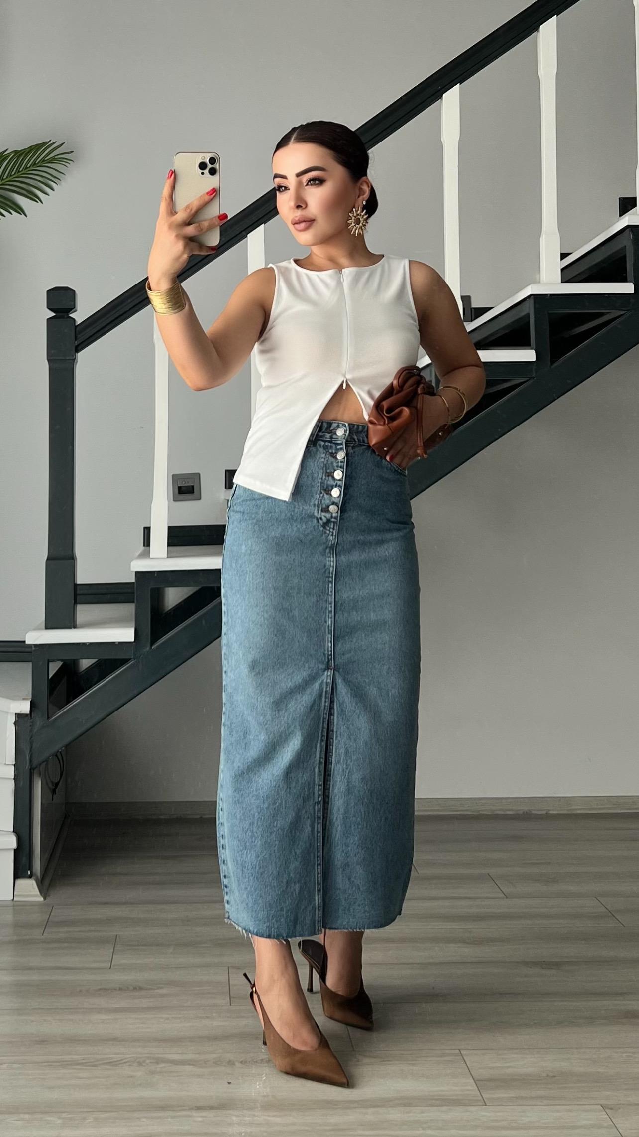 Blue OSL1 5 Button Slit Denim Skirt