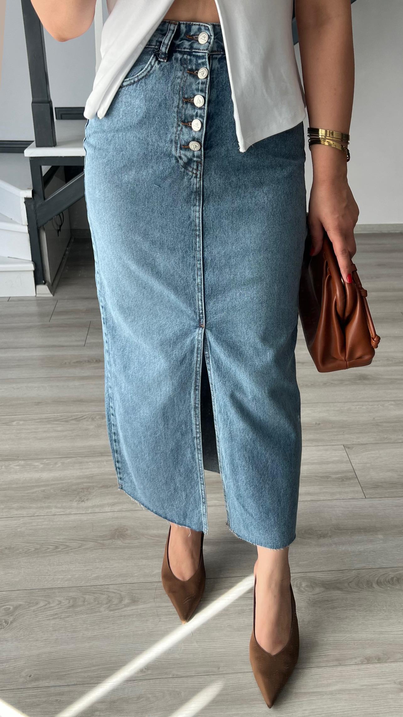 Blue OSL1 5 Button Slit Denim Skirt