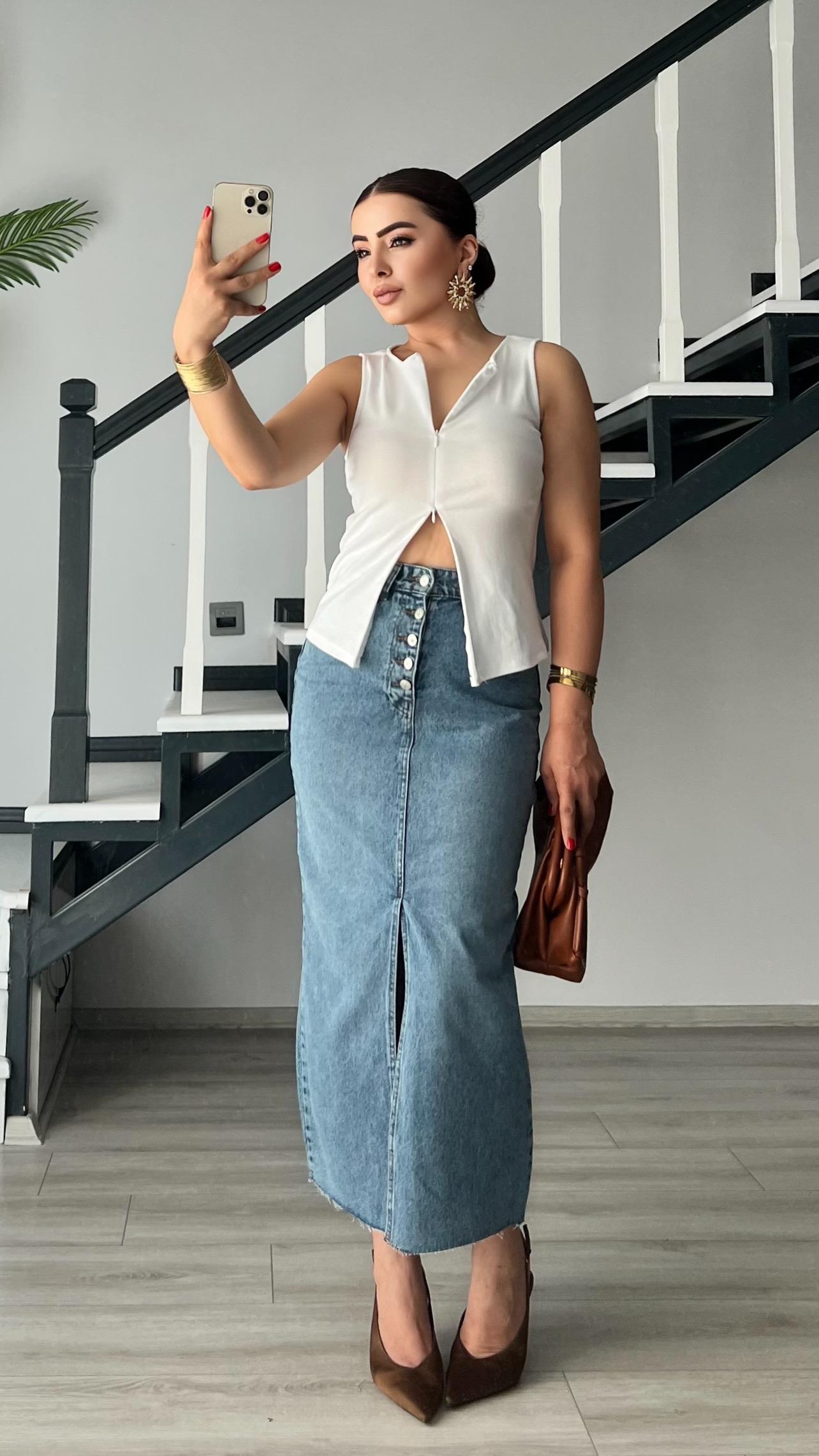 Blue OSL1 5 Button Slit Denim Skirt
