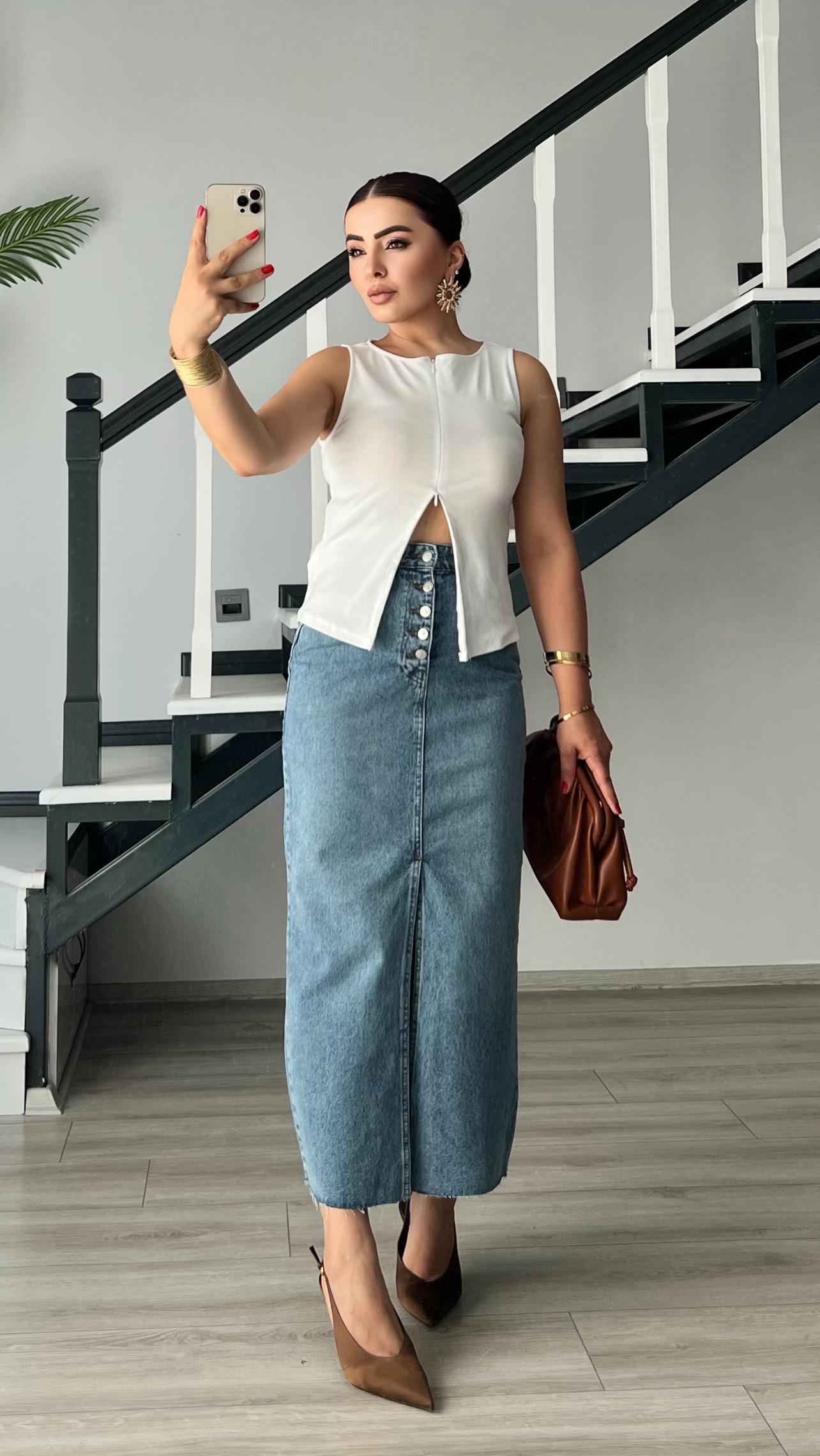 Blue OSL1 5 Button Slit Denim Skirt