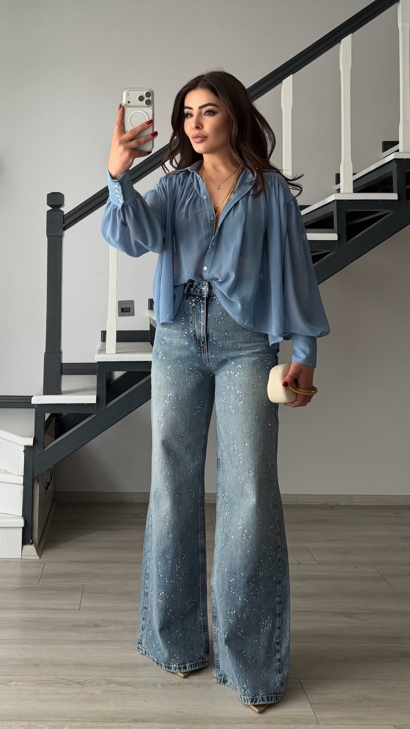 Mavi Taşlı Wide Leg Jean