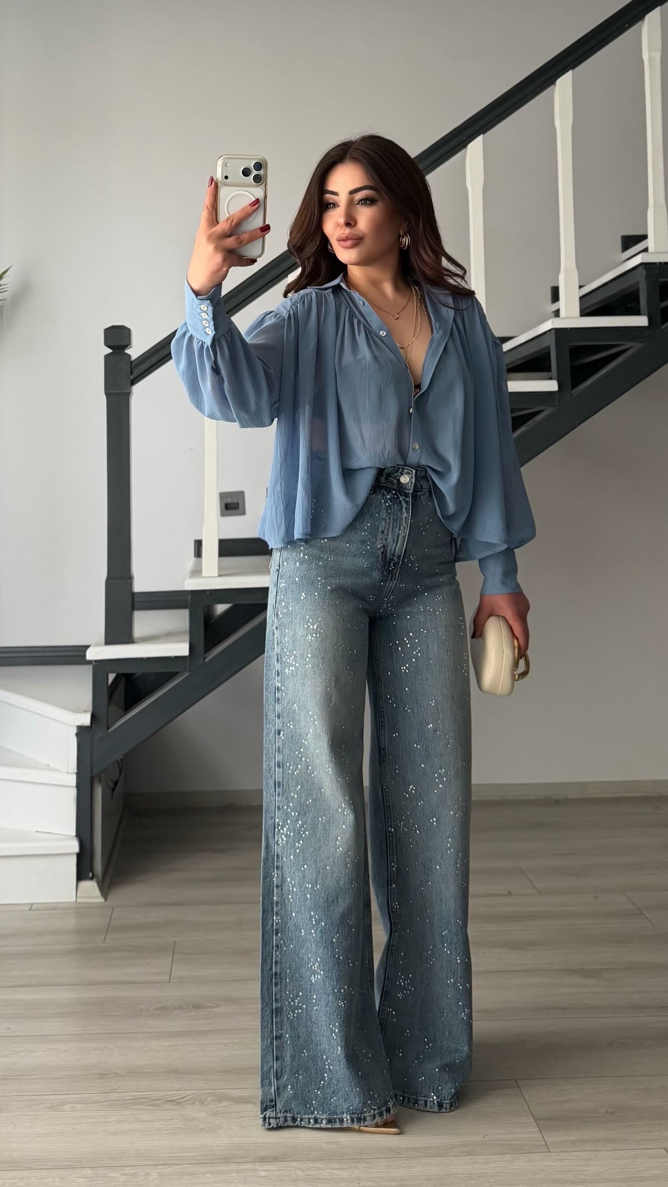 Mavi Taşlı Wide Leg Jean