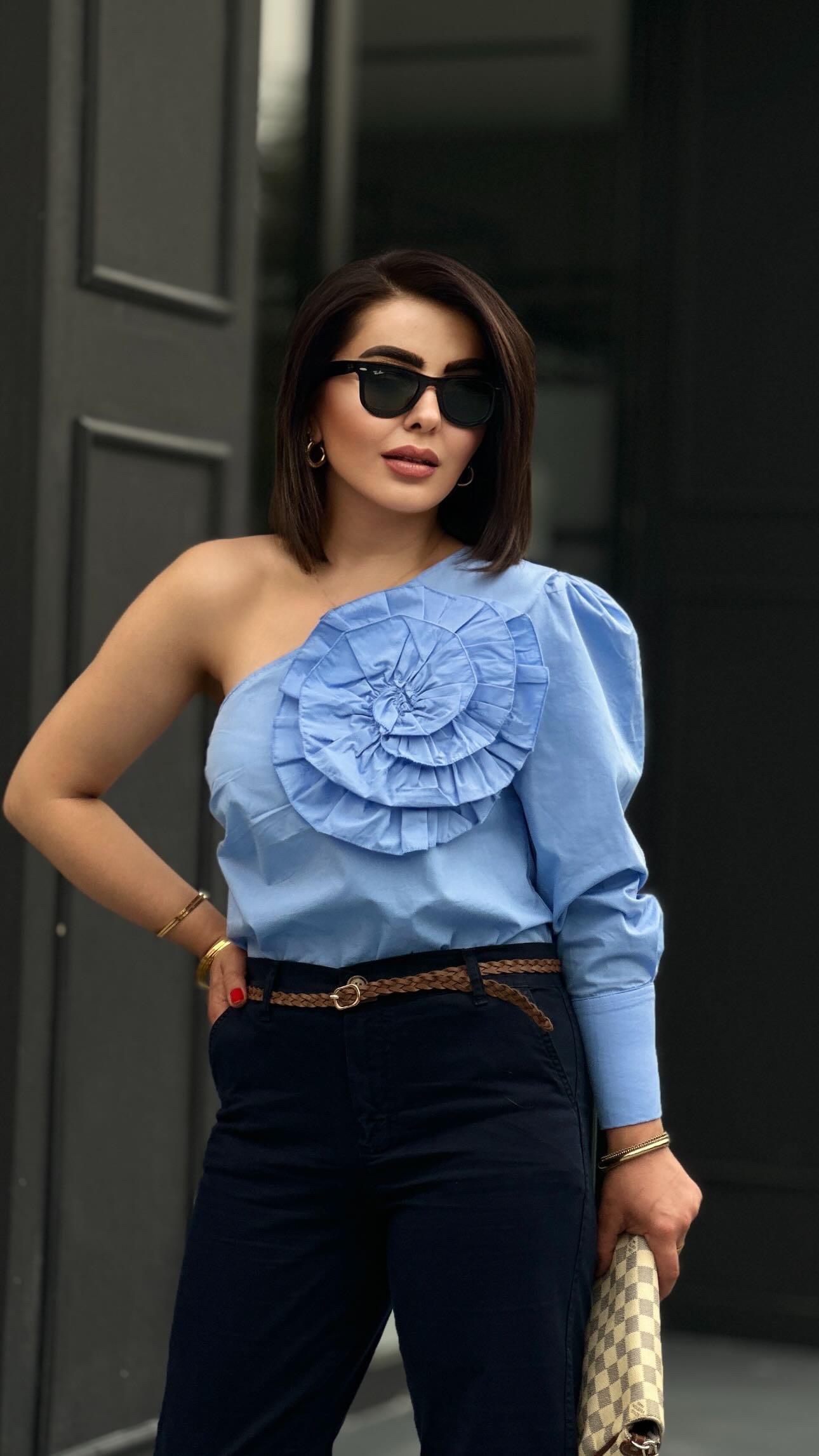 Blue One-Sleeve Shirt with Rose Embroidery