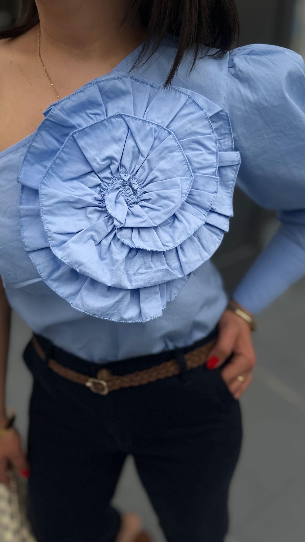 Blue One-Sleeve Shirt with Rose Embroidery