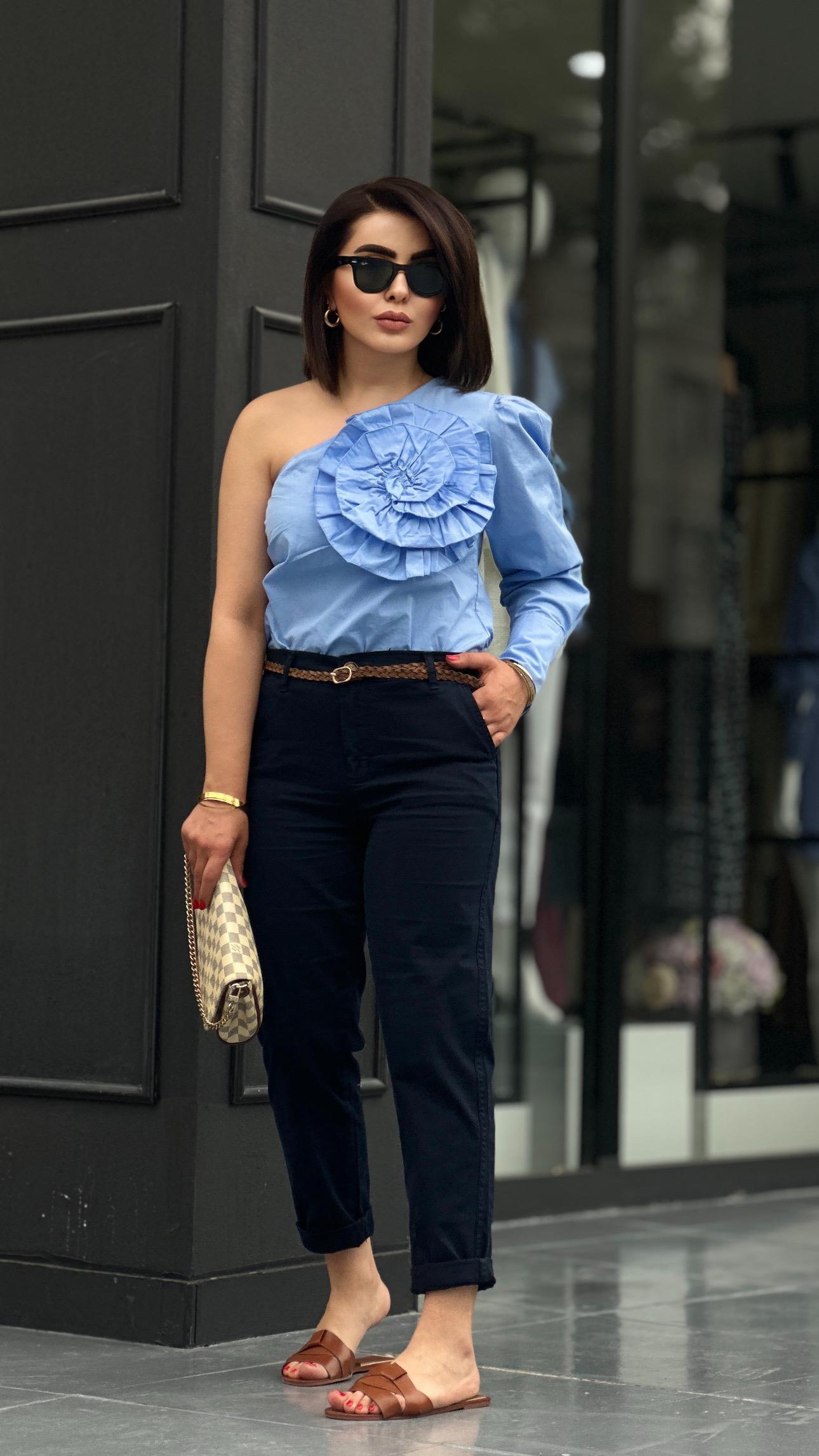 Blue One-Sleeve Shirt with Rose Embroidery