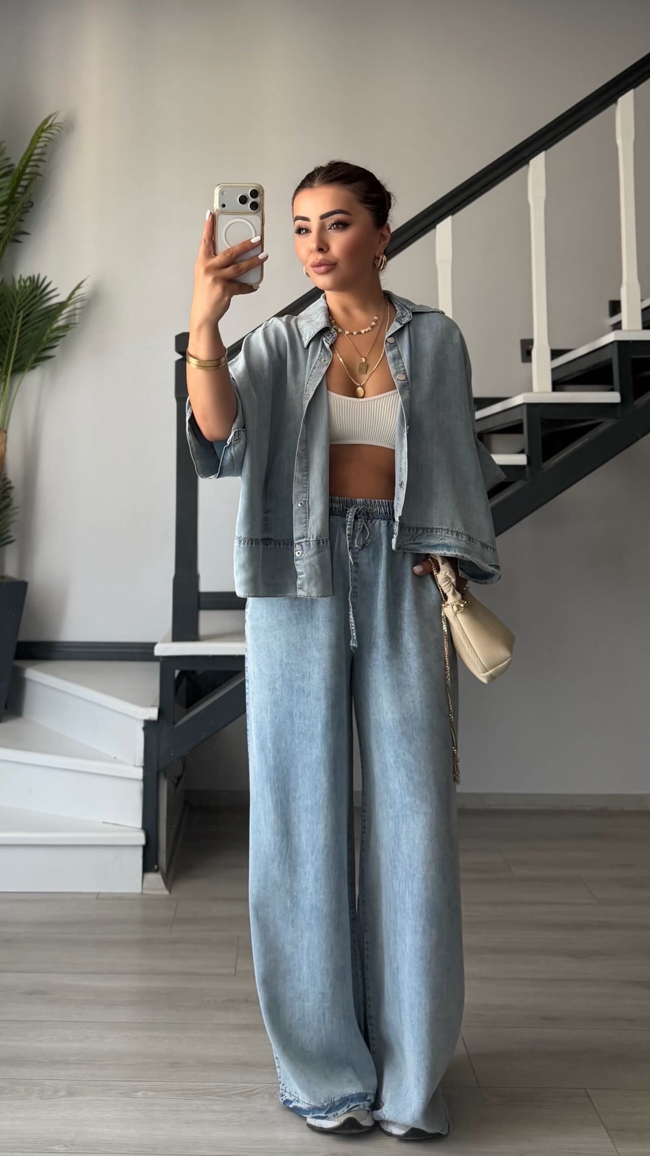 Blue Tencel Shirt and Elastic Waist Pants Set