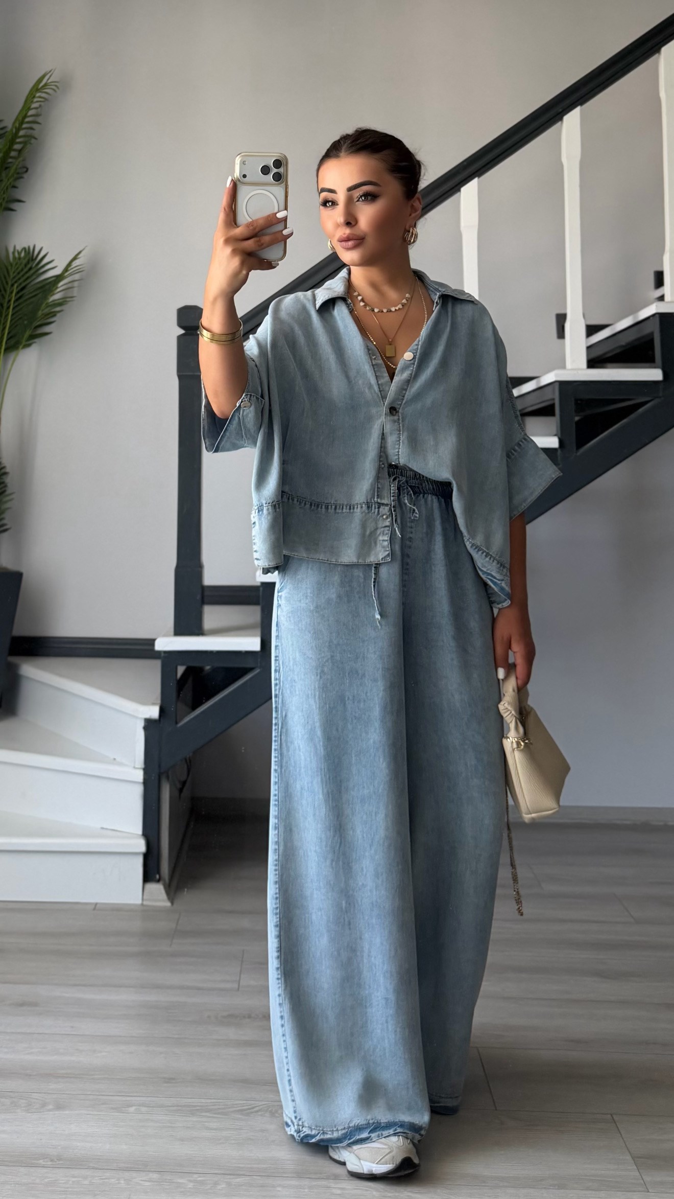 Blue Tencel Shirt and Elastic Waist Pants Set