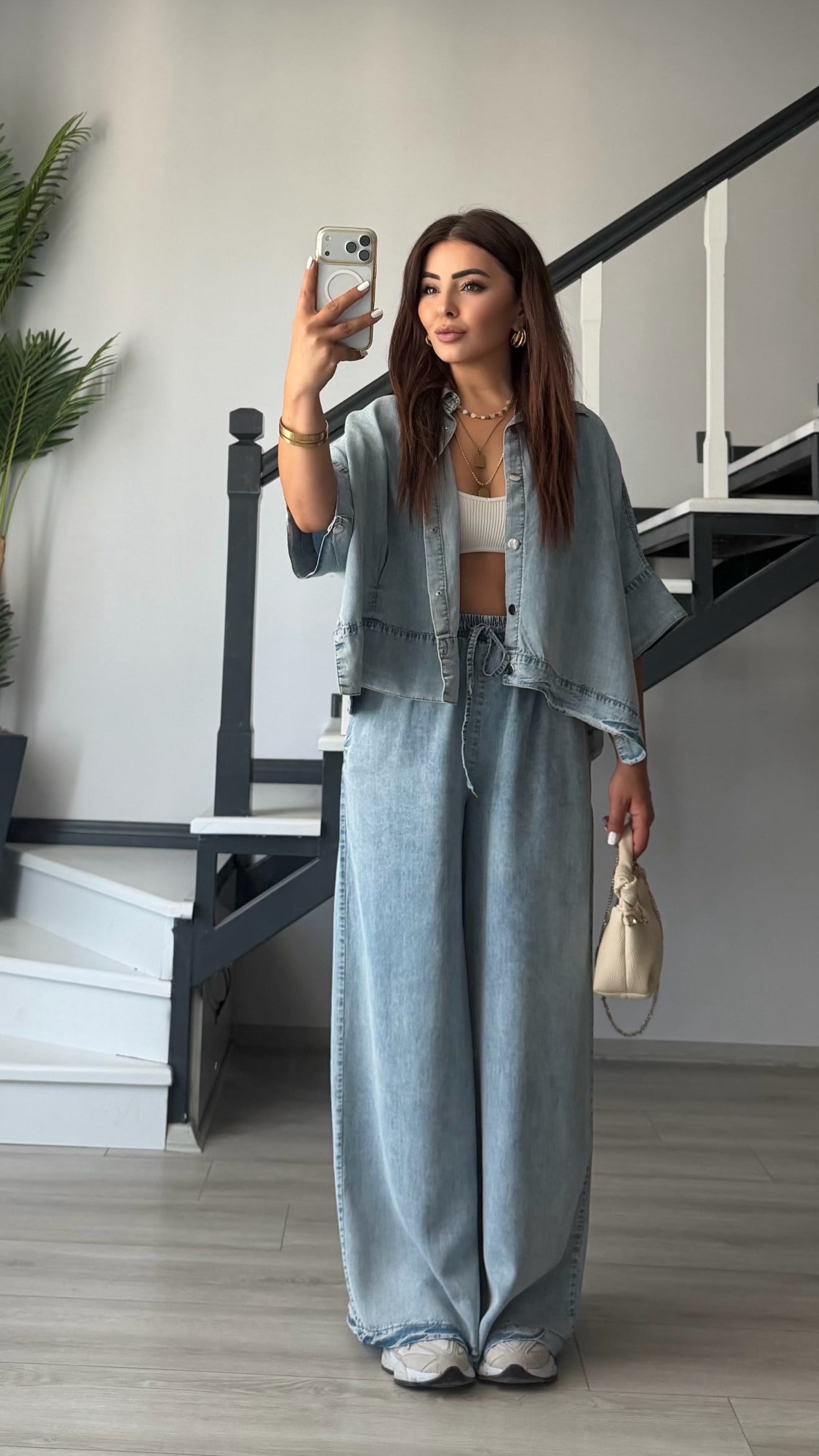 Blue Tencel Shirt and Elastic Waist Pants Set