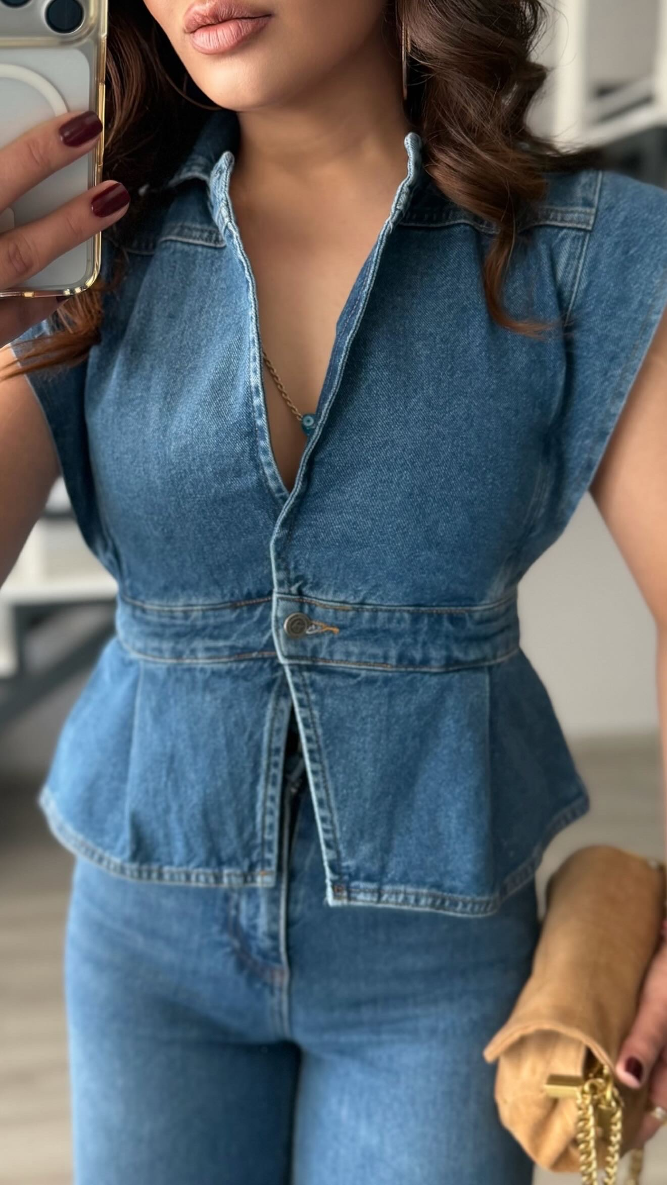 Mavi Yıkamalı Tek Düğme Denim Yelek