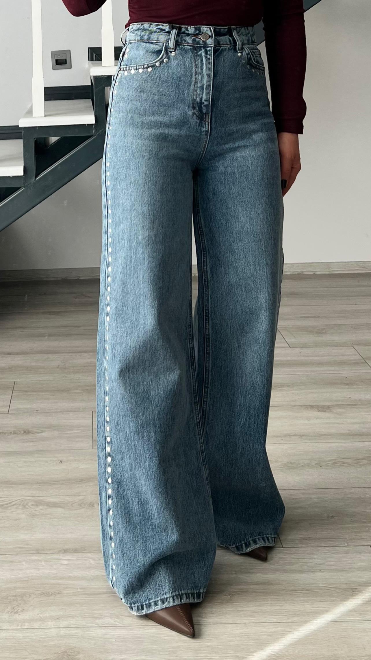 Blue Wide Leg Jeans with Stud Details