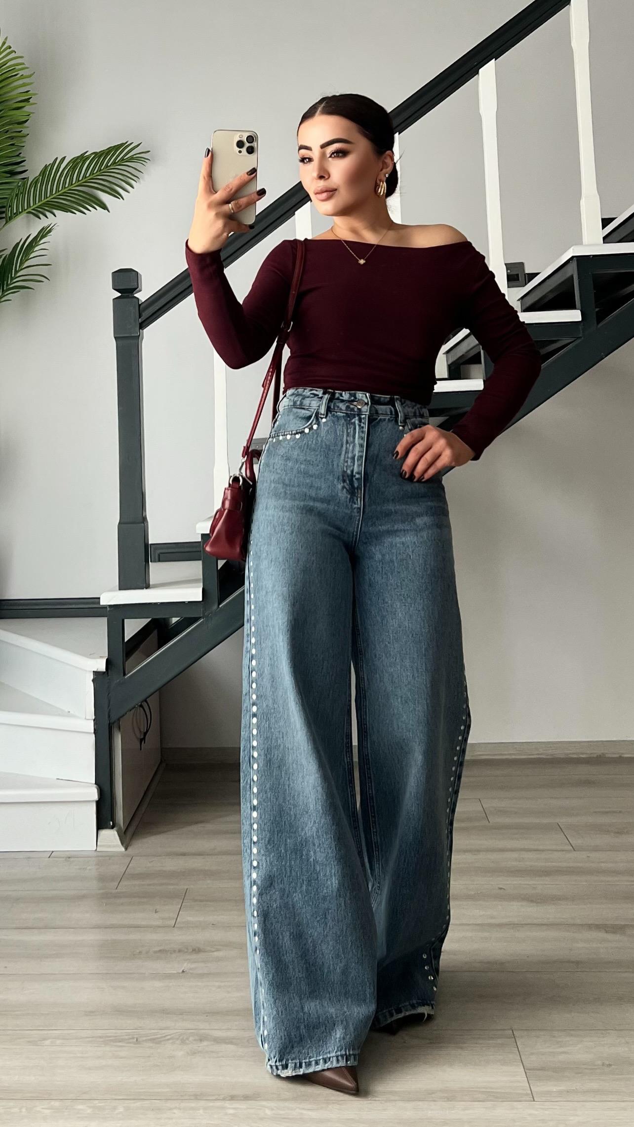 Blue Wide Leg Jeans with Stud Details