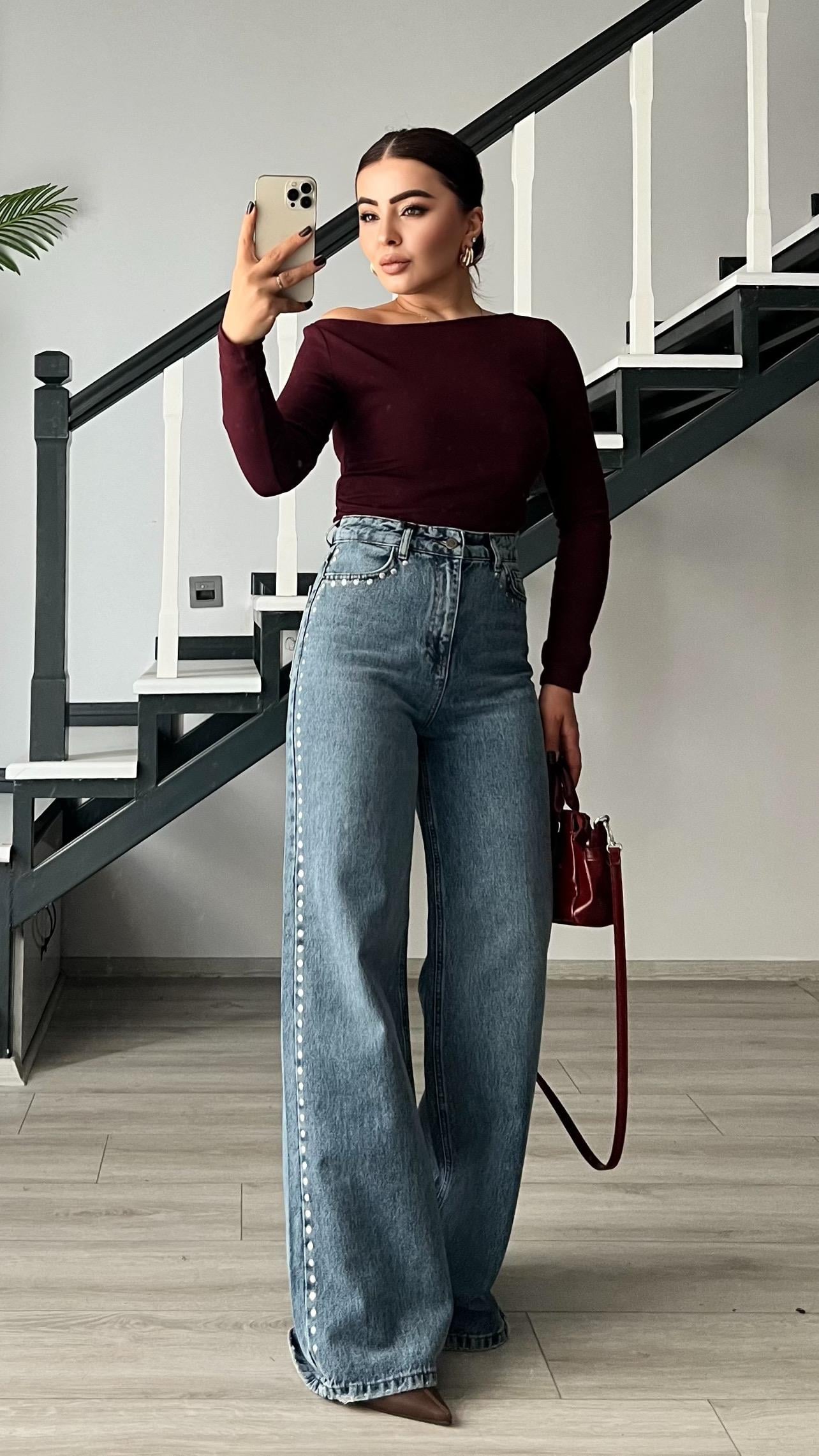 Blue Wide Leg Jeans with Stud Details
