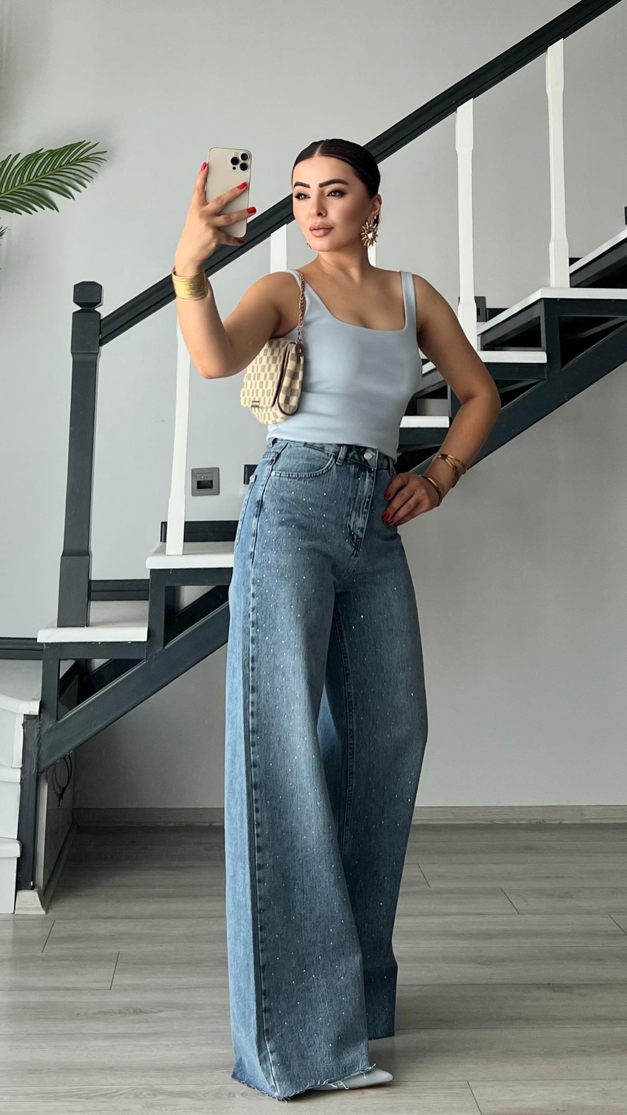 Minimalist Stone Embellished Palazzo Jeans