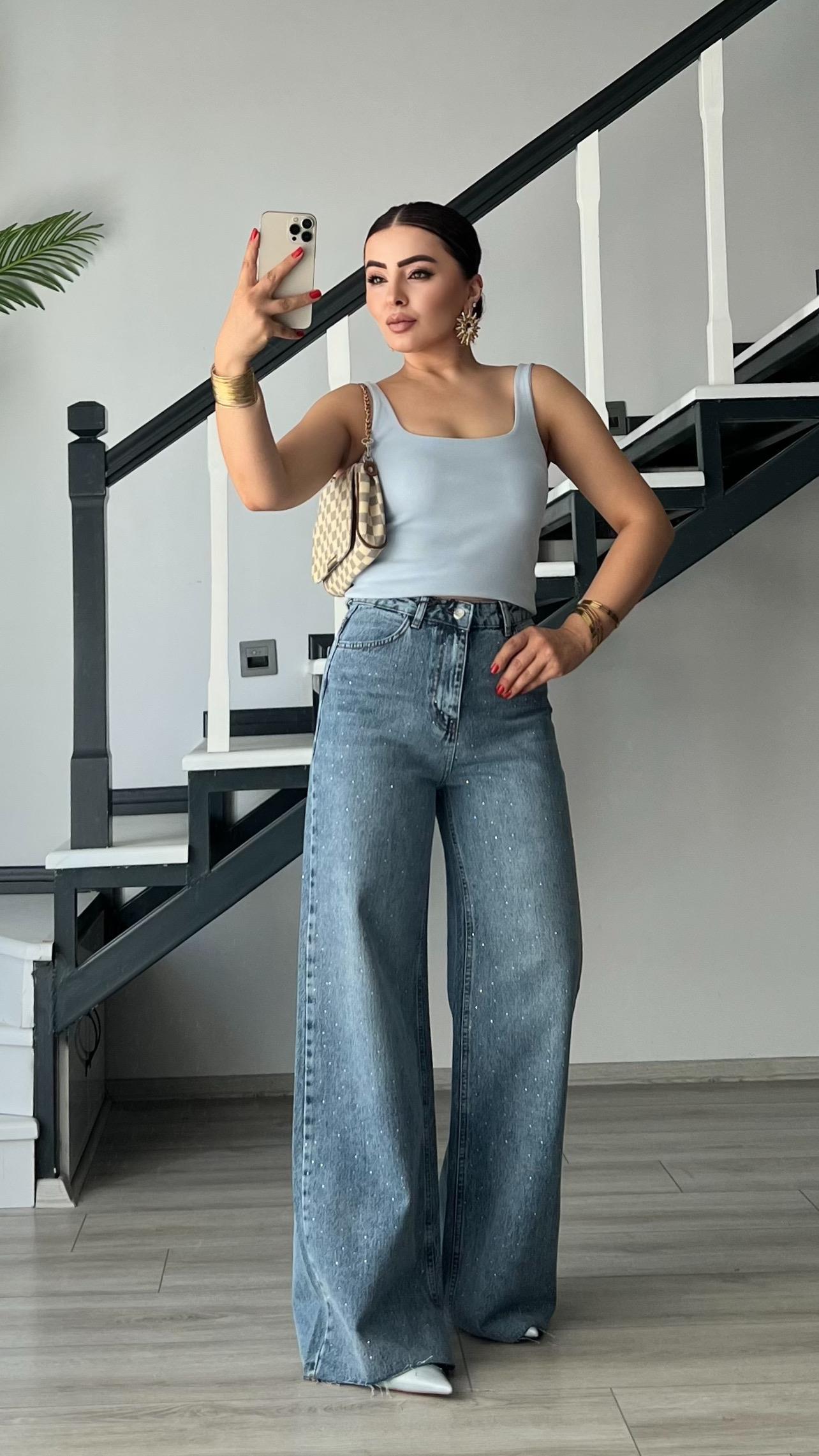 Minimalist Stone Embellished Palazzo Jeans