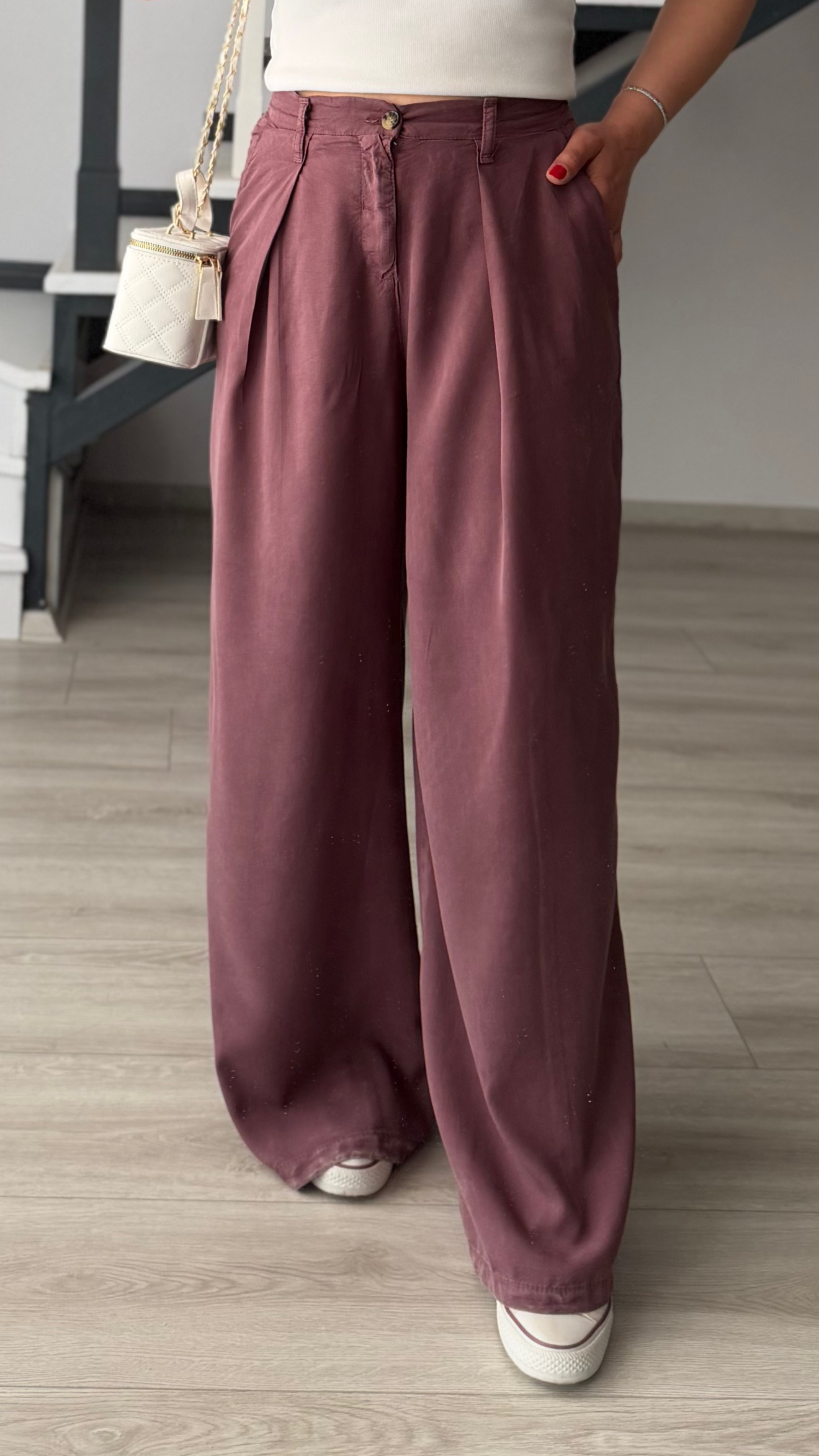 Mürdüm Bel Lastikli Tensl Pantolon