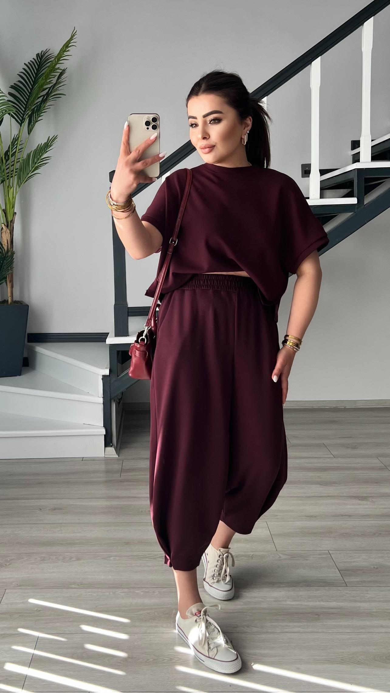 Mürdüm Modal Kumaş Tişört-Pantolon Takım
