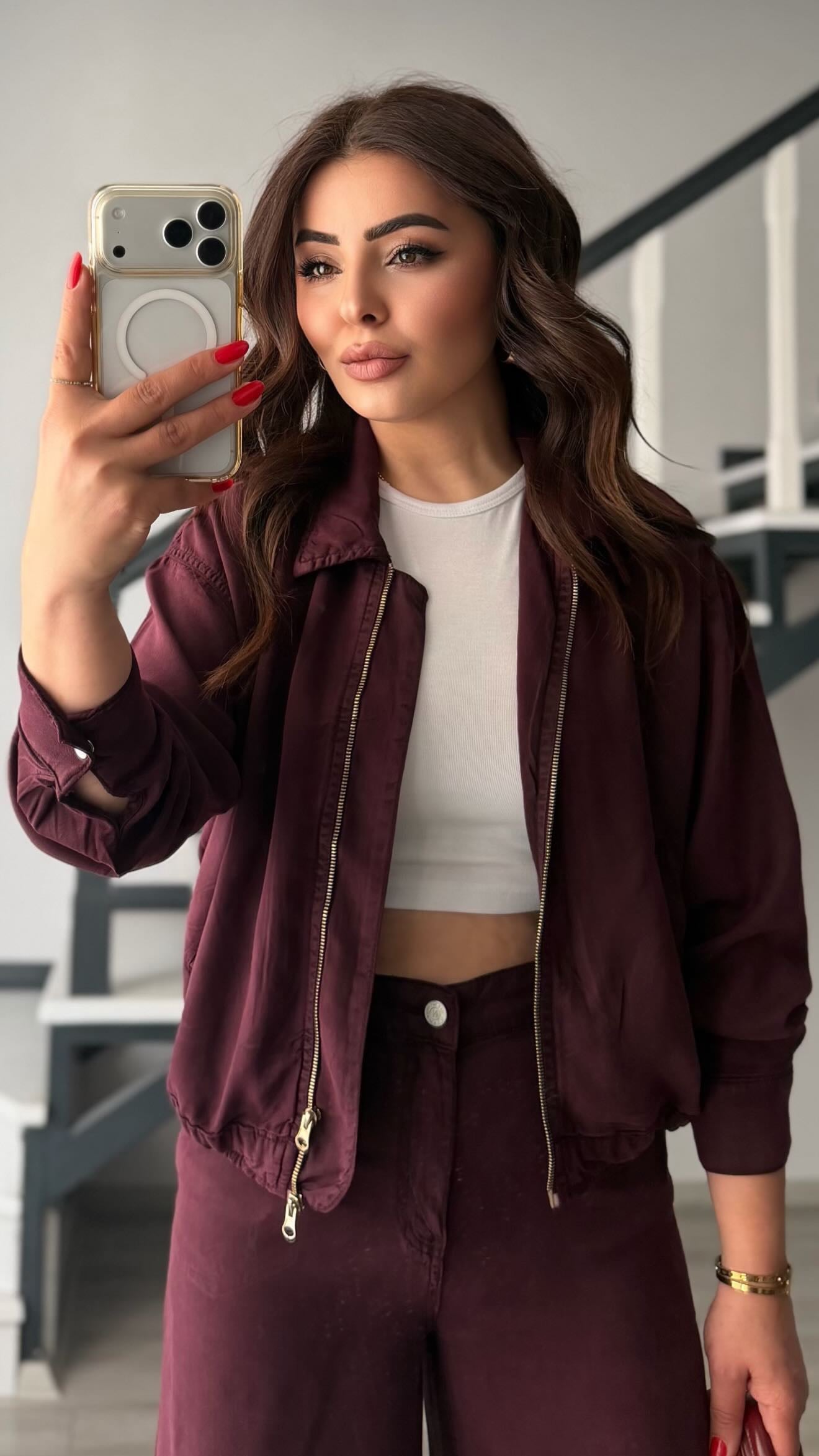 Mürdüm Tencel Bomber Ceket-Pantolon Takım