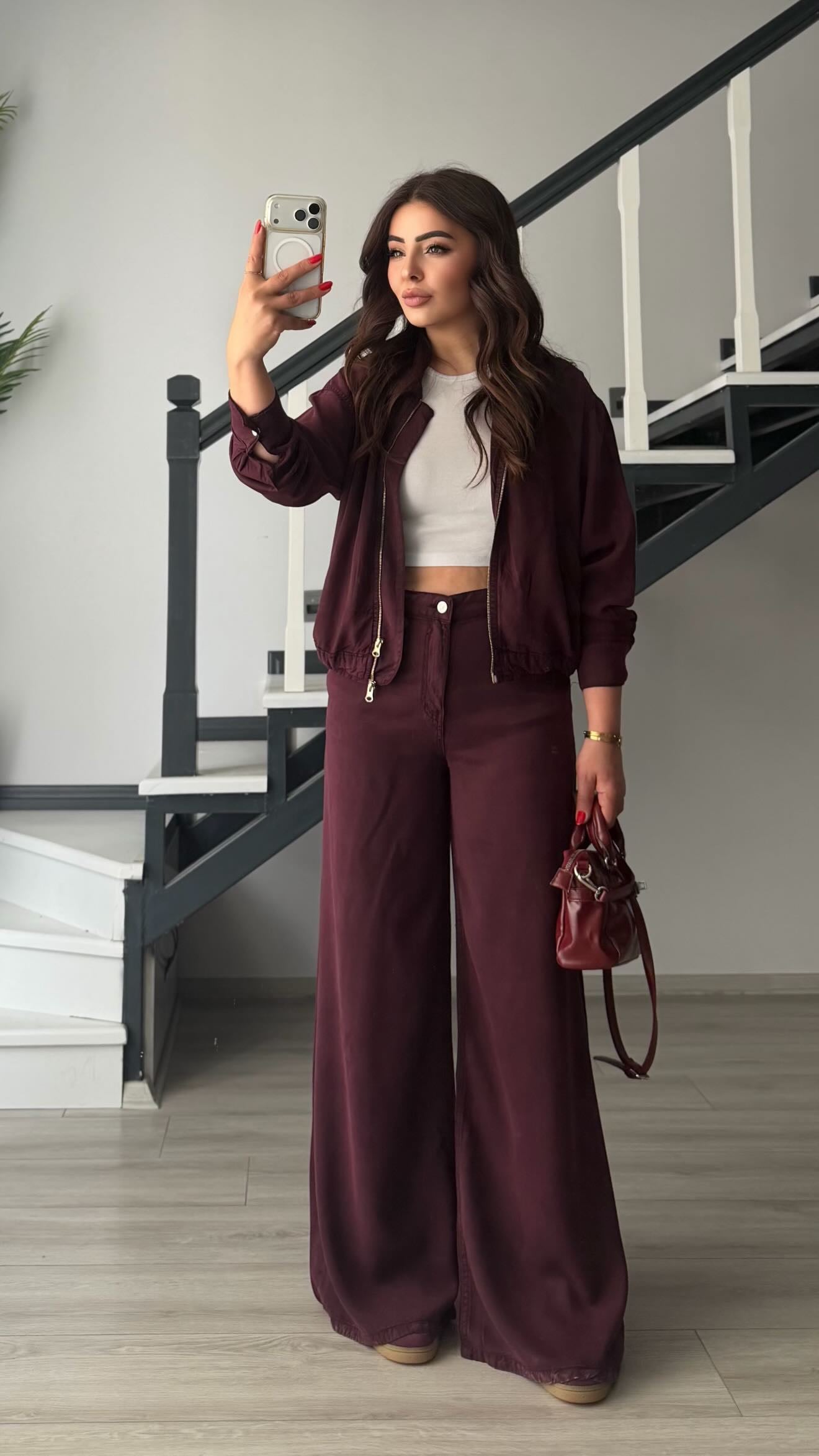 Mürdüm Tencel Bomber Ceket-Pantolon Takım
