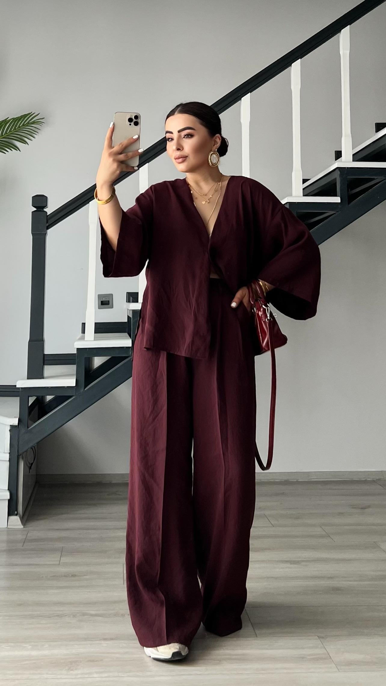 Mürdüm Tnsel Tek Düğme Bluz-Pantolon Takım
