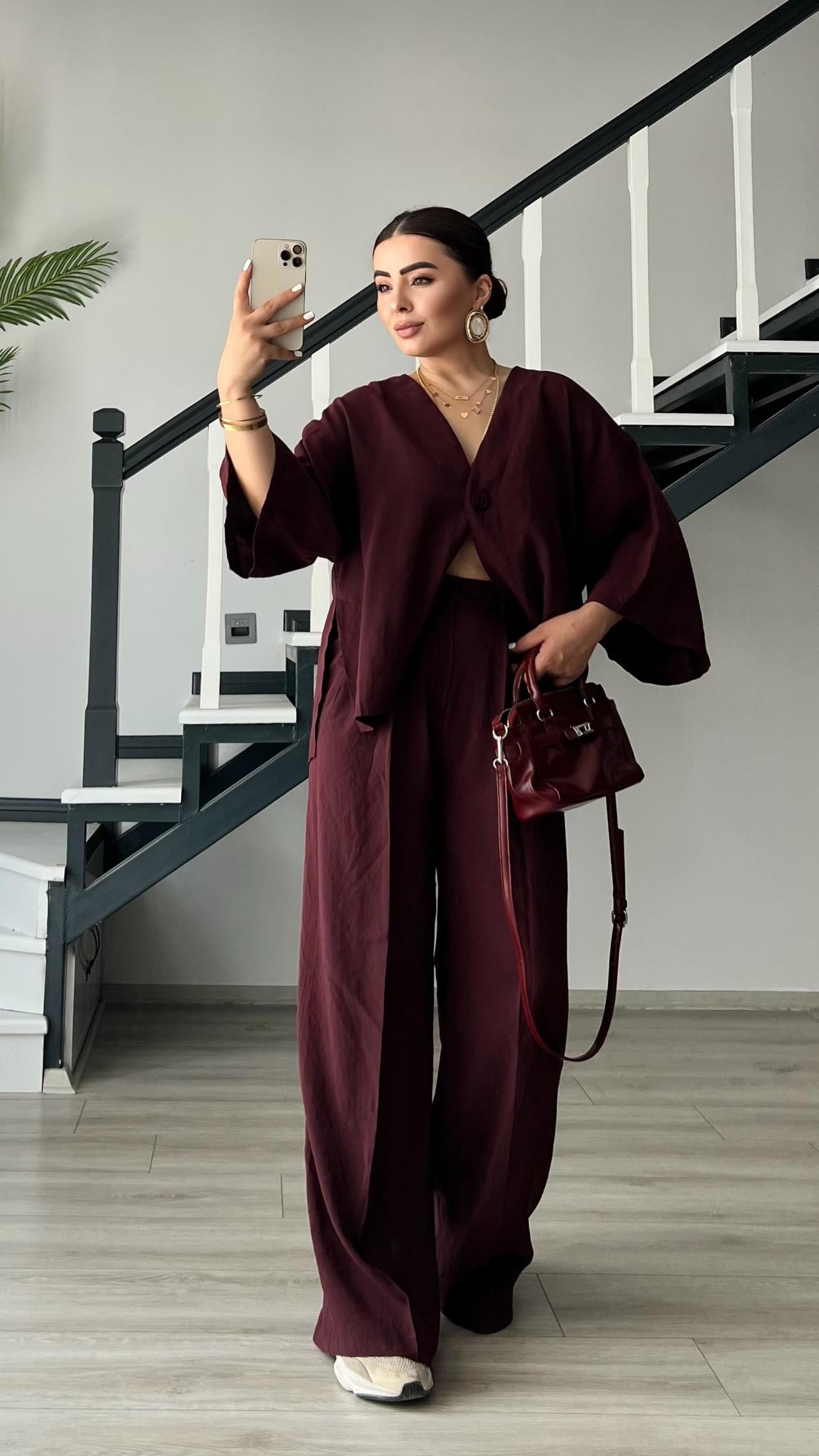 Mürdüm Tnsel Tek Düğme Bluz-Pantolon Takım
