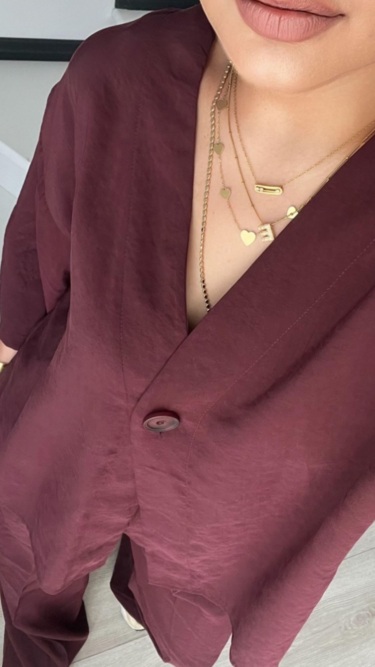 Mürdüm Tnsel Tek Düğme Bluz-Pantolon Takım