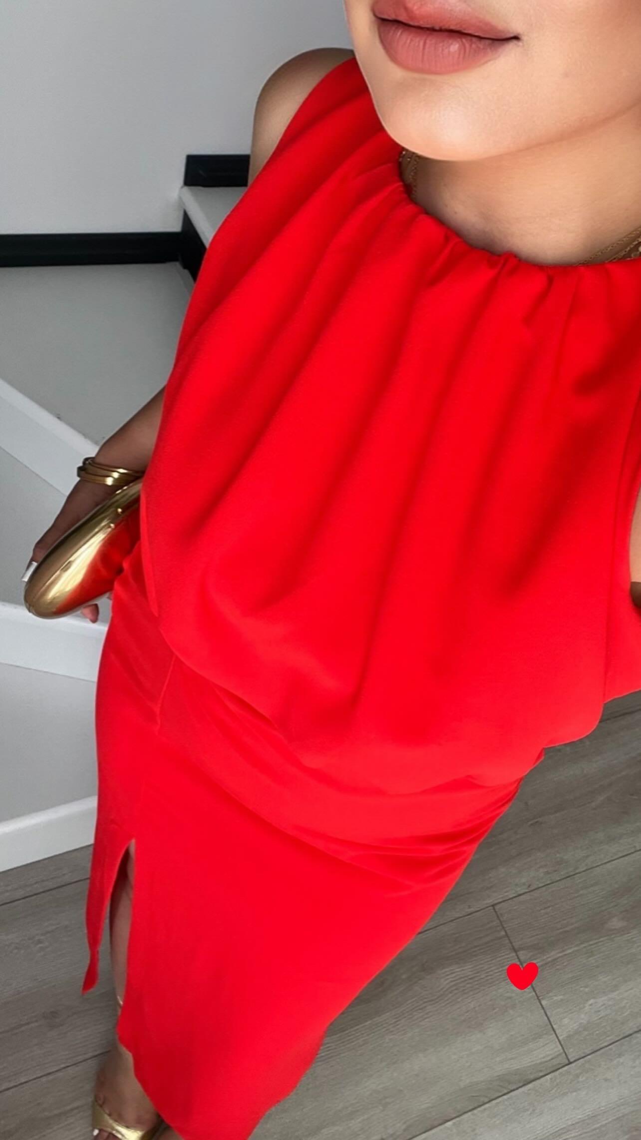 Pomegranate Blossom Front Slit Gathered Dress
