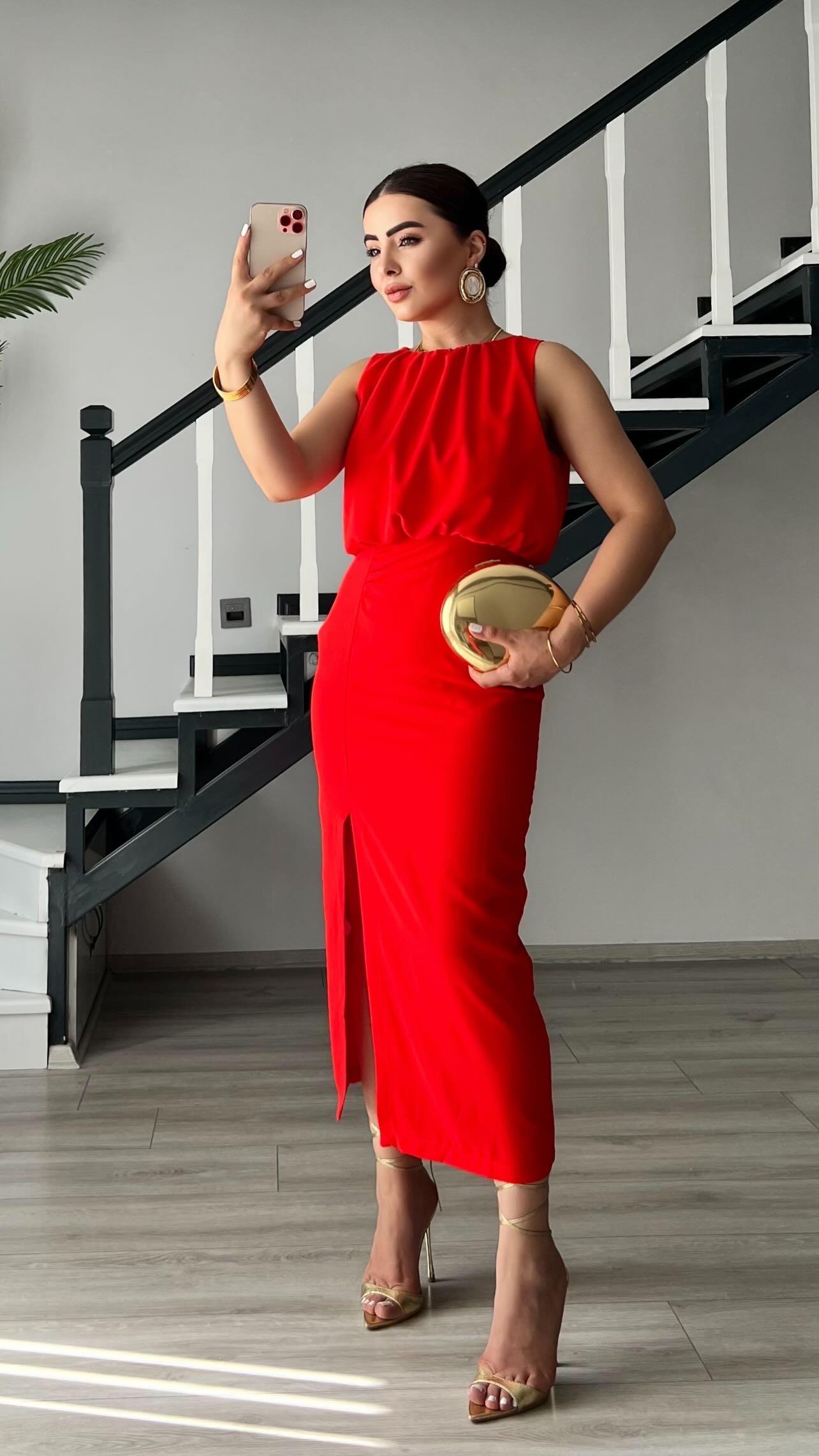 Pomegranate Blossom Front Slit Gathered Dress
