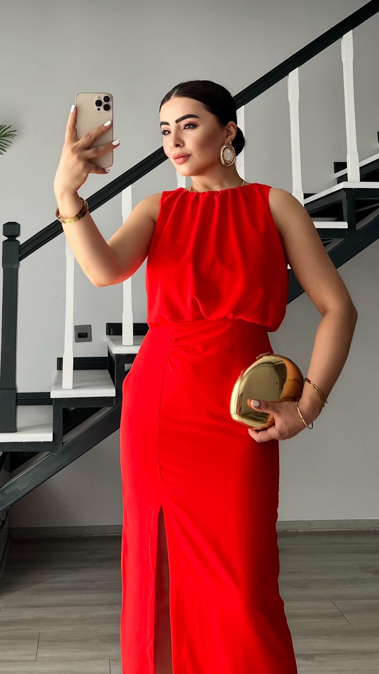 Pomegranate Blossom Front Slit Gathered Dress