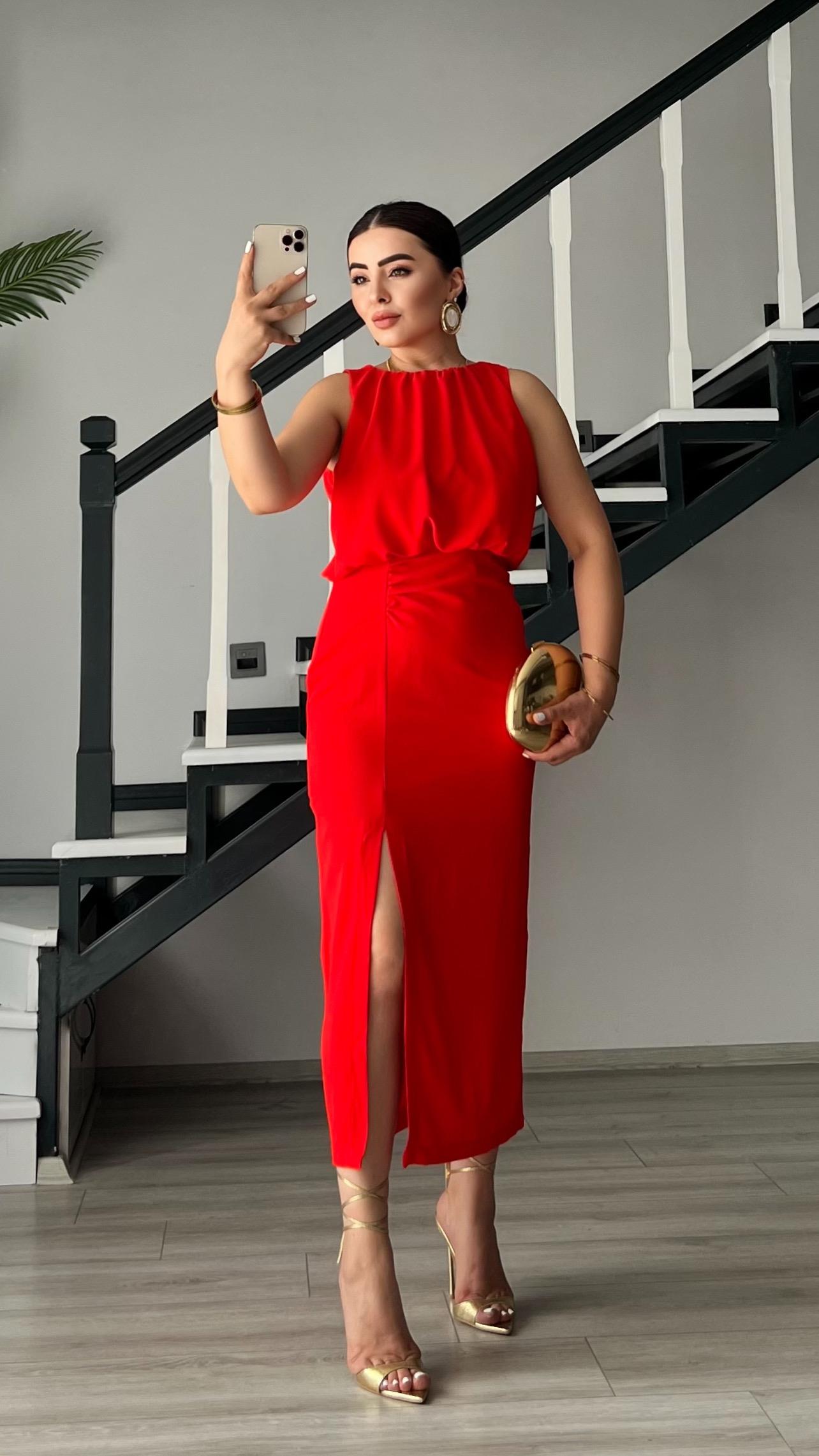 Pomegranate Blossom Front Slit Gathered Dress