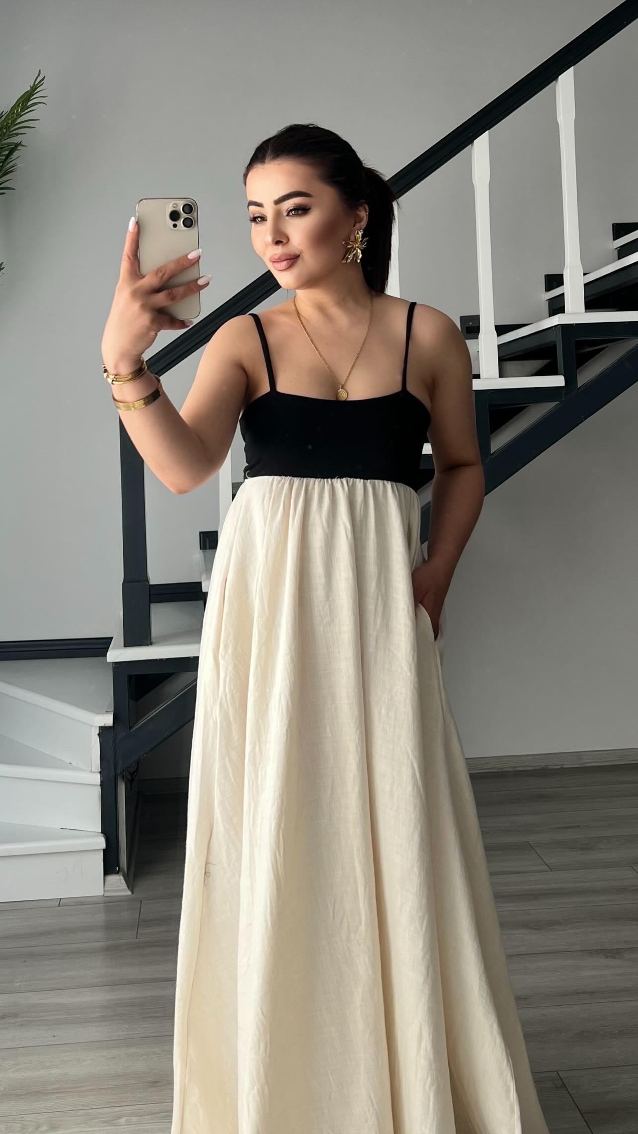 Natural Patchwork Maxi Keten Elbise 