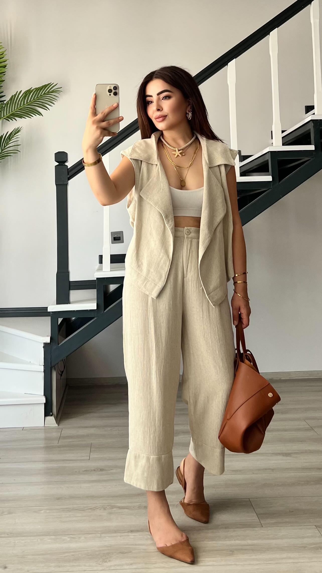 Naturel Organik Keten Yelek Pantolon Takım