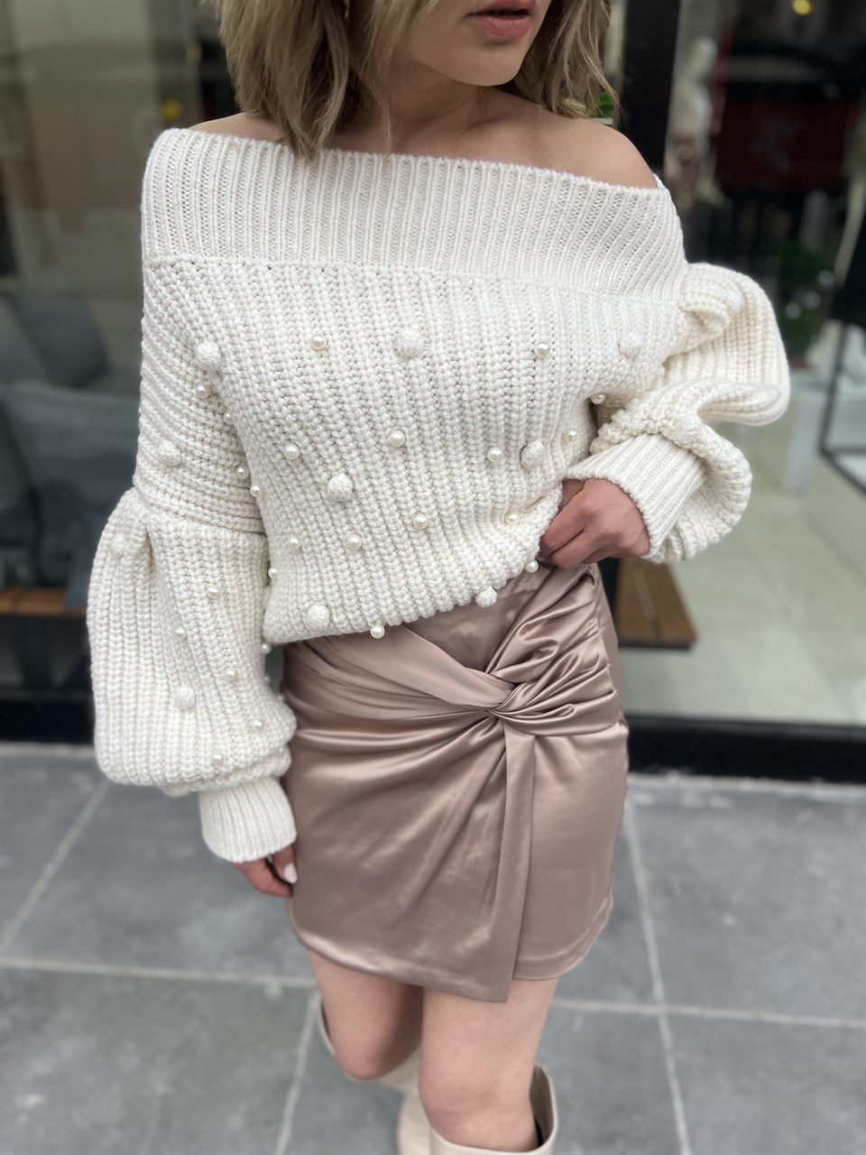 Nude Satin Draped Skirt