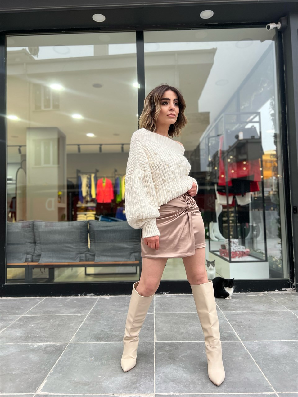 Nude Satin Draped Skirt