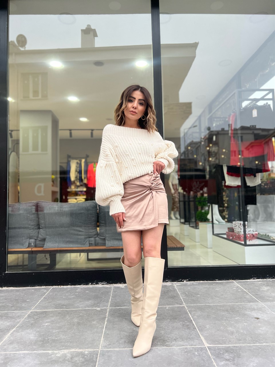 Nude Satin Draped Skirt
