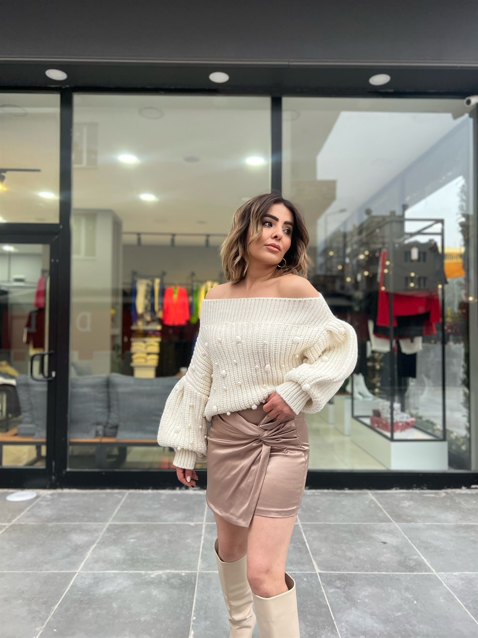 Nude Satin Draped Skirt
