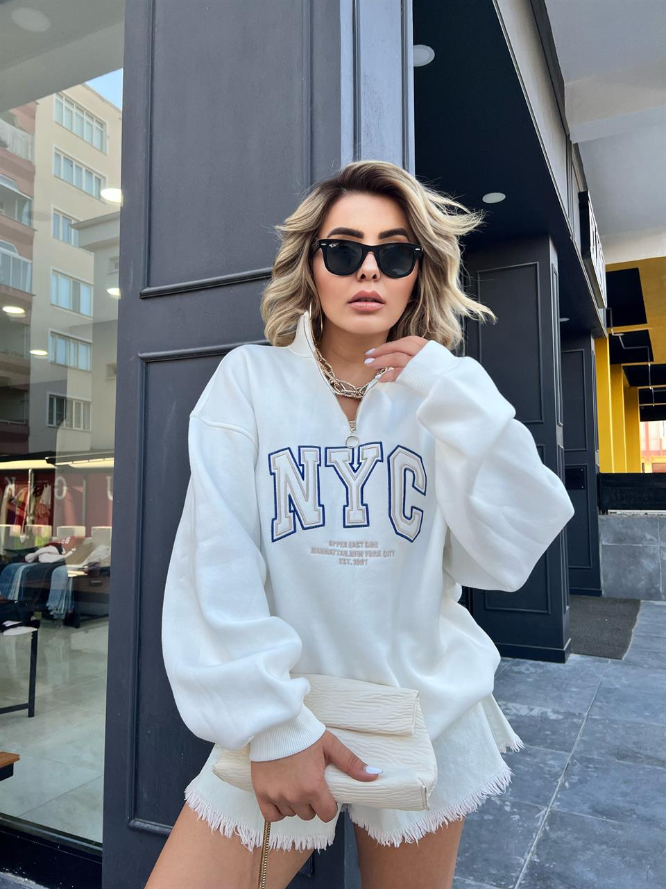 NYC Nakışlı Fermuarlı Sweatshirt