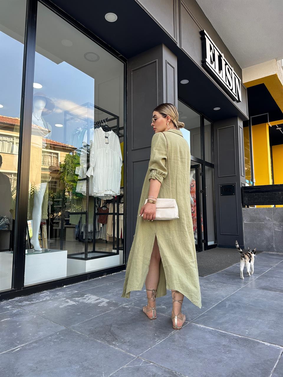 Olive %100 Ham Keten Boydan Düğmeli Kimono Elbise