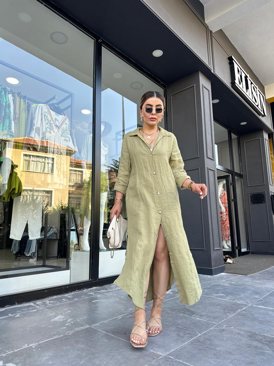 Olive %100 Ham Keten Boydan Düğmeli Kimono Elbise