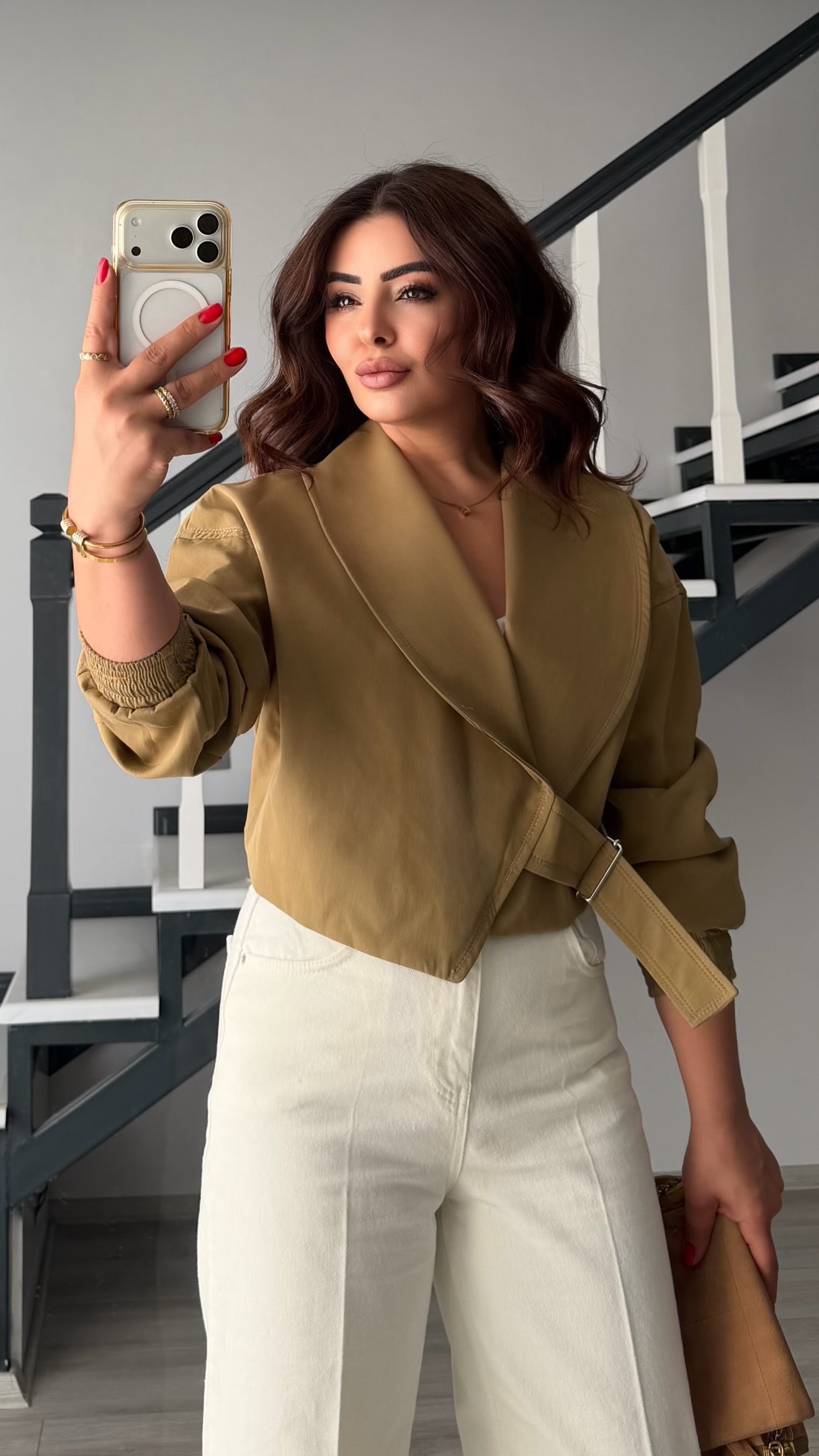 Olive Elastic Waist Belted Bomber Trench Coat