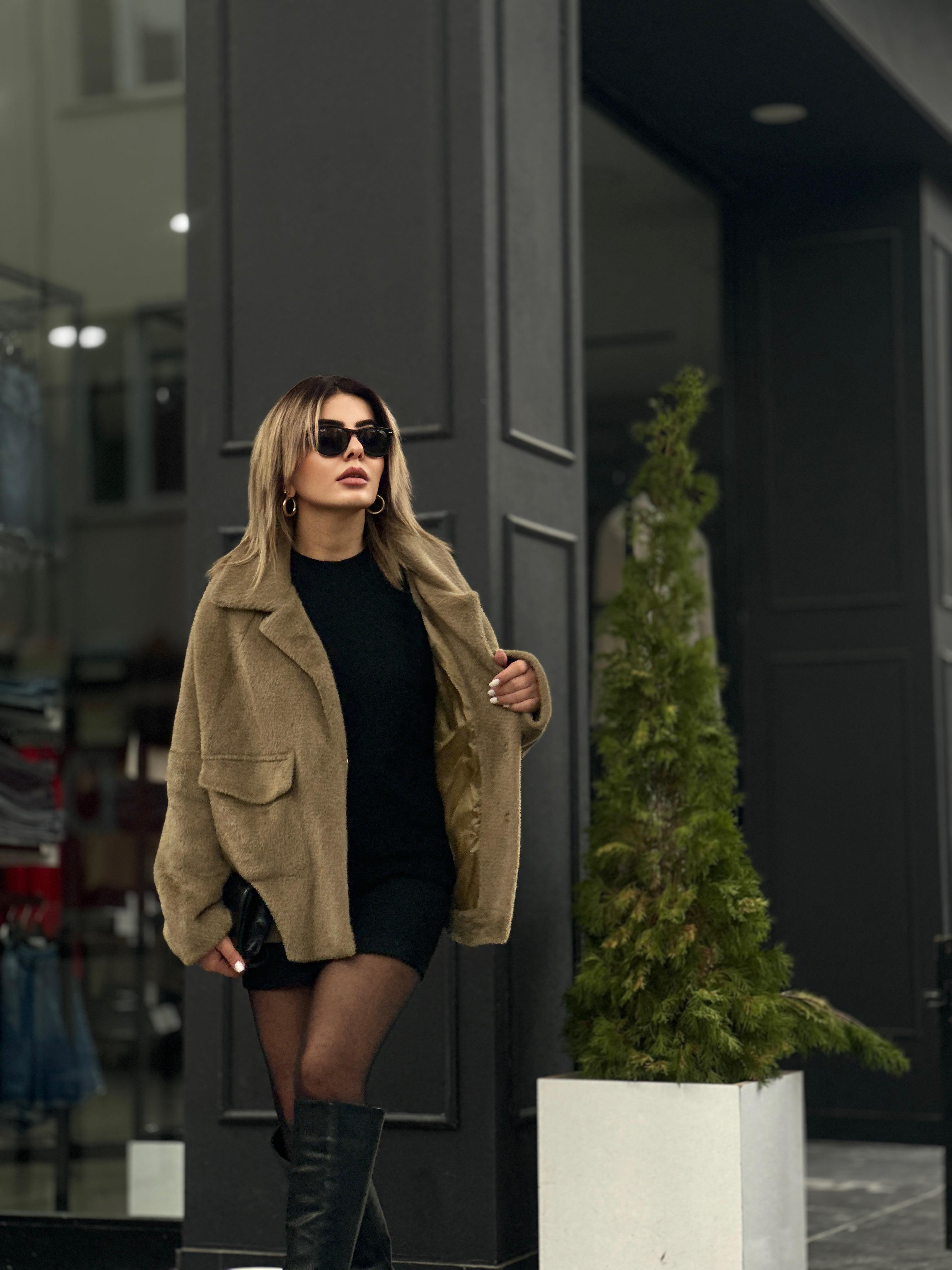 Olive Büyük Cepli Peluş Kürk