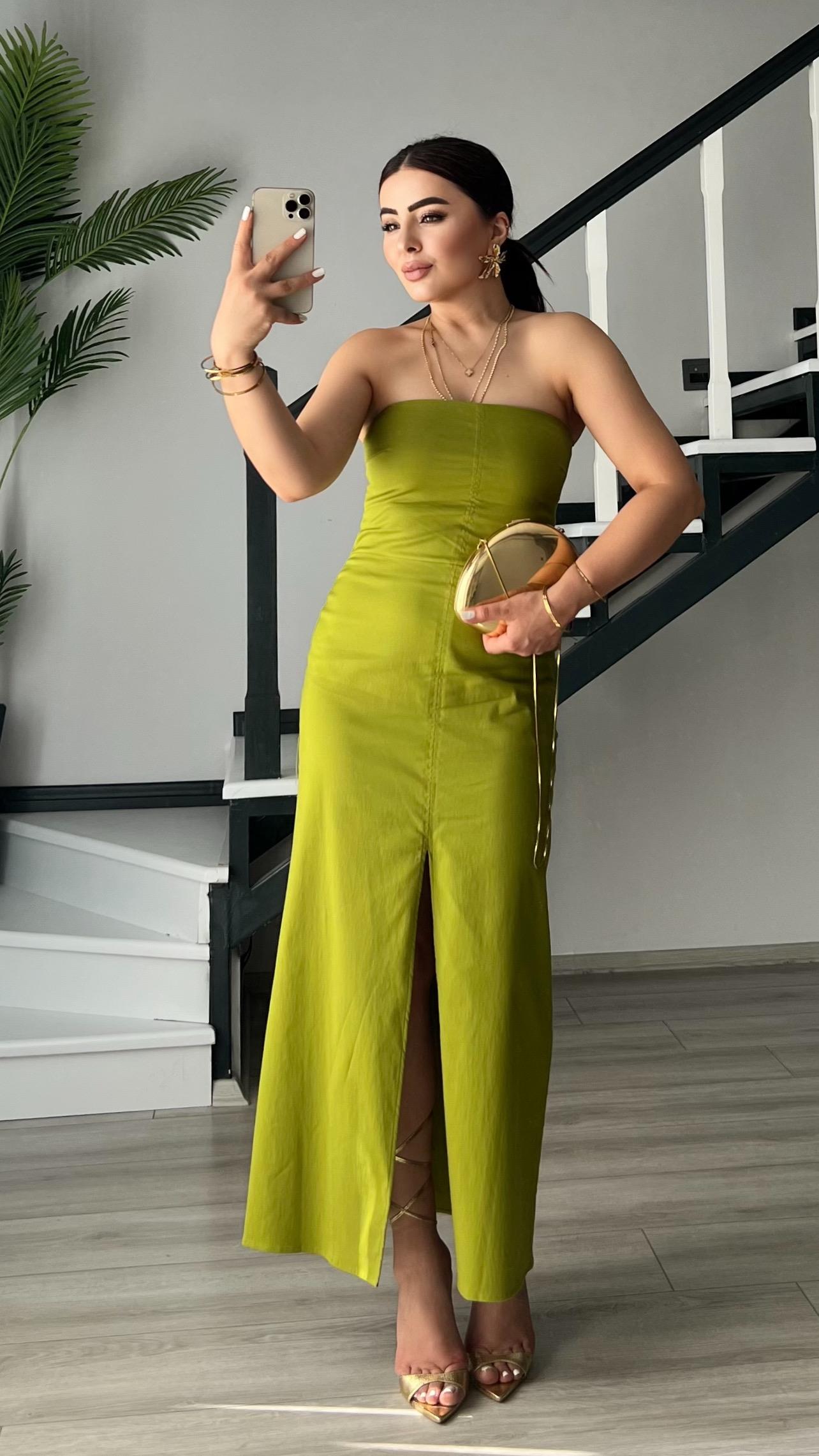 Olive Ön Yırtmaçlı Straplez Elbise