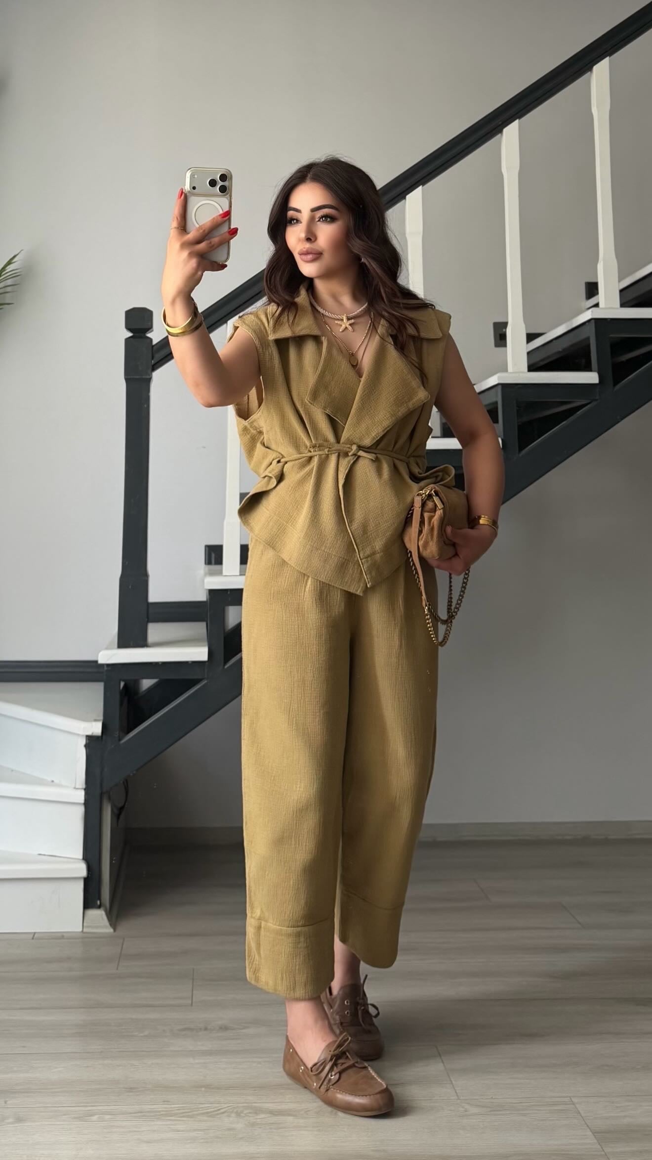 Olive Organik Keten Yelek-Pantolon Takım