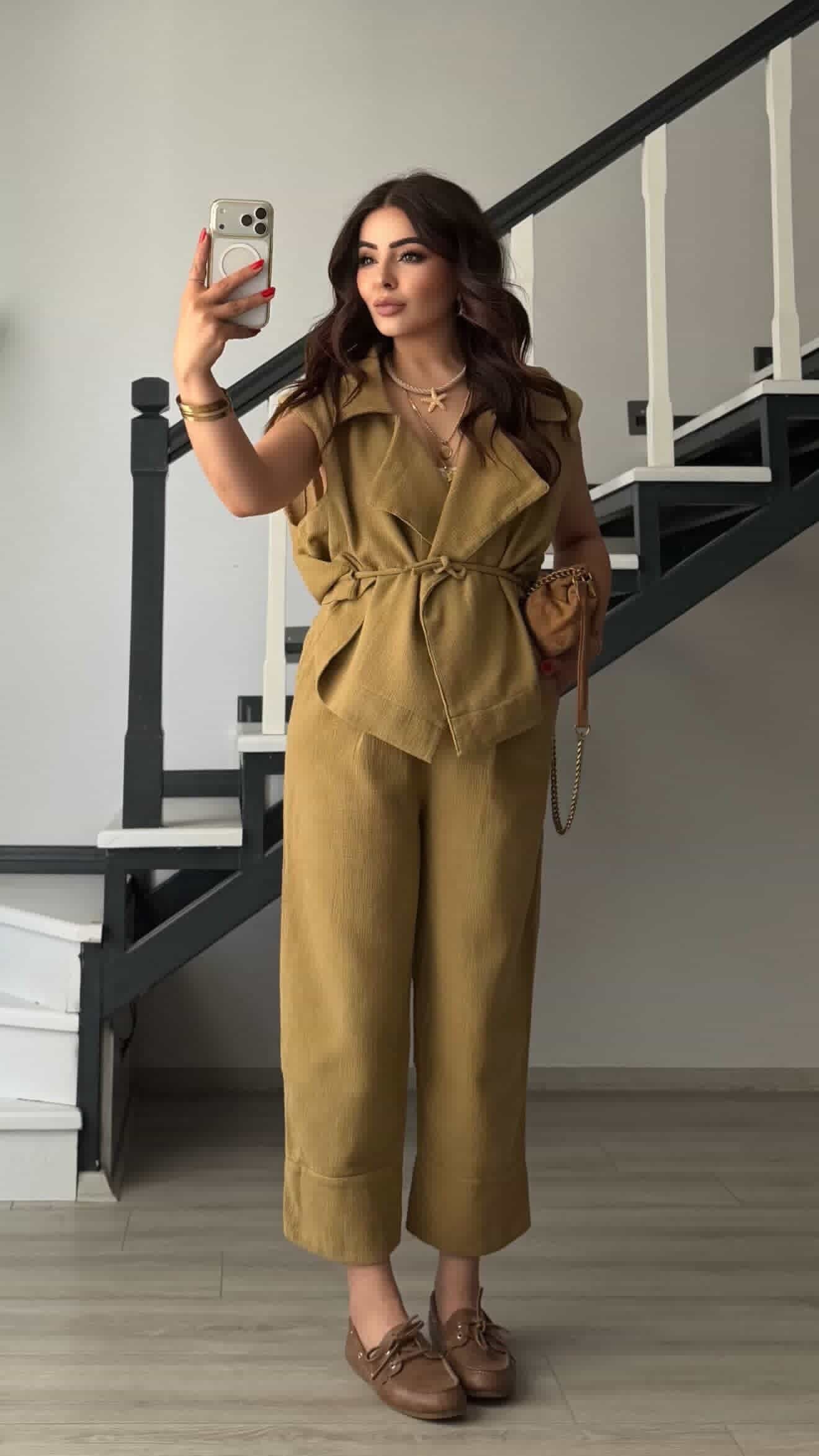 Olive Organik Keten Yelek-Pantolon Takım
