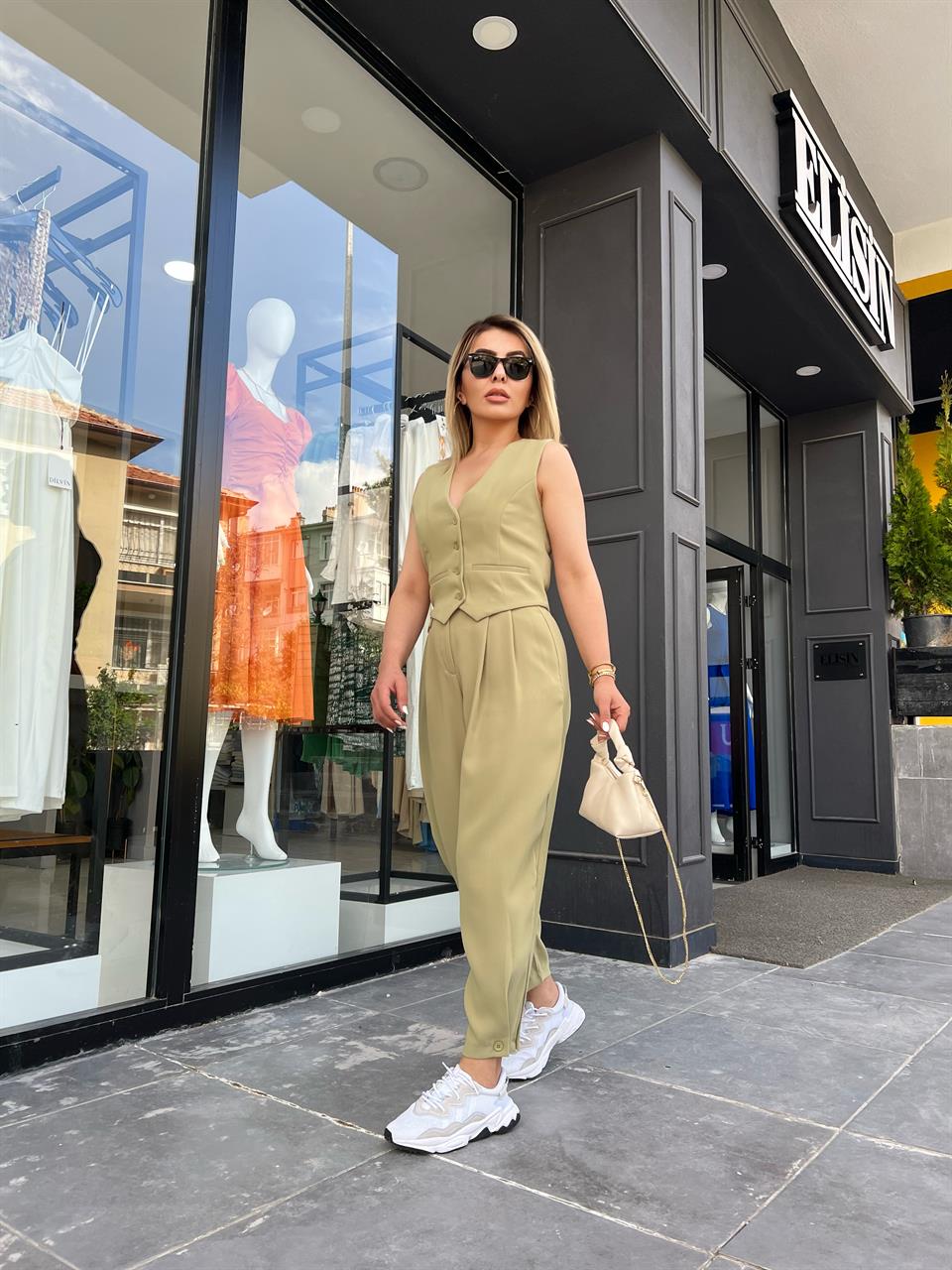 Olive Paça Düğmeli Pantolon
