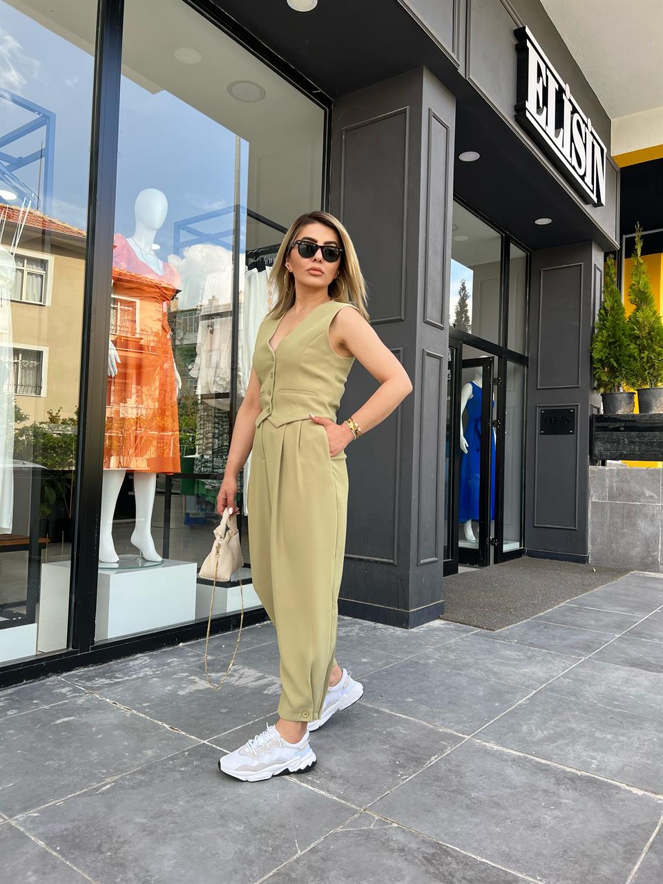 Olive Paça Düğmeli Pantolon