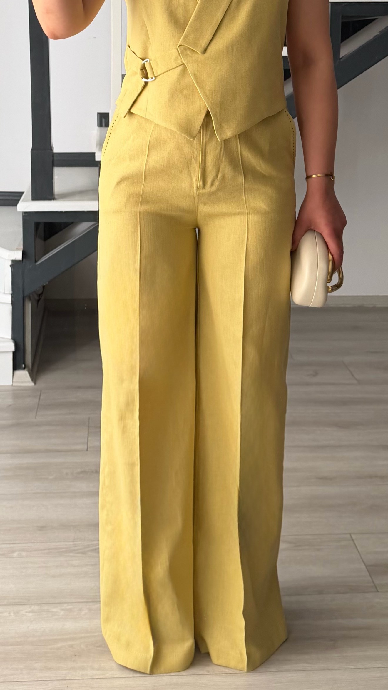 Olive Cotton Linen Pants and Vest Set with Shirt Details