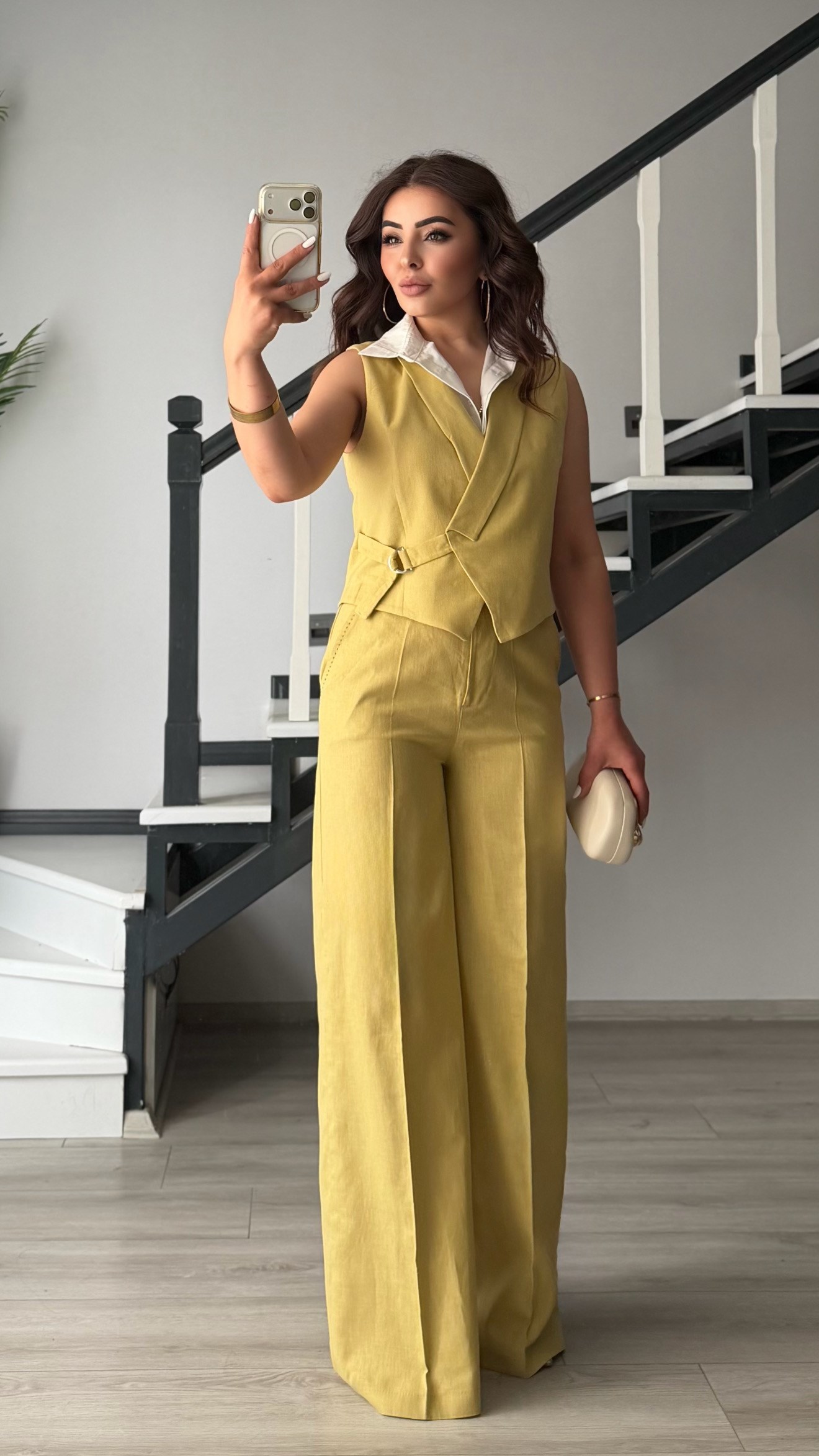 Olive Cotton Linen Pants and Vest Set with Shirt Details