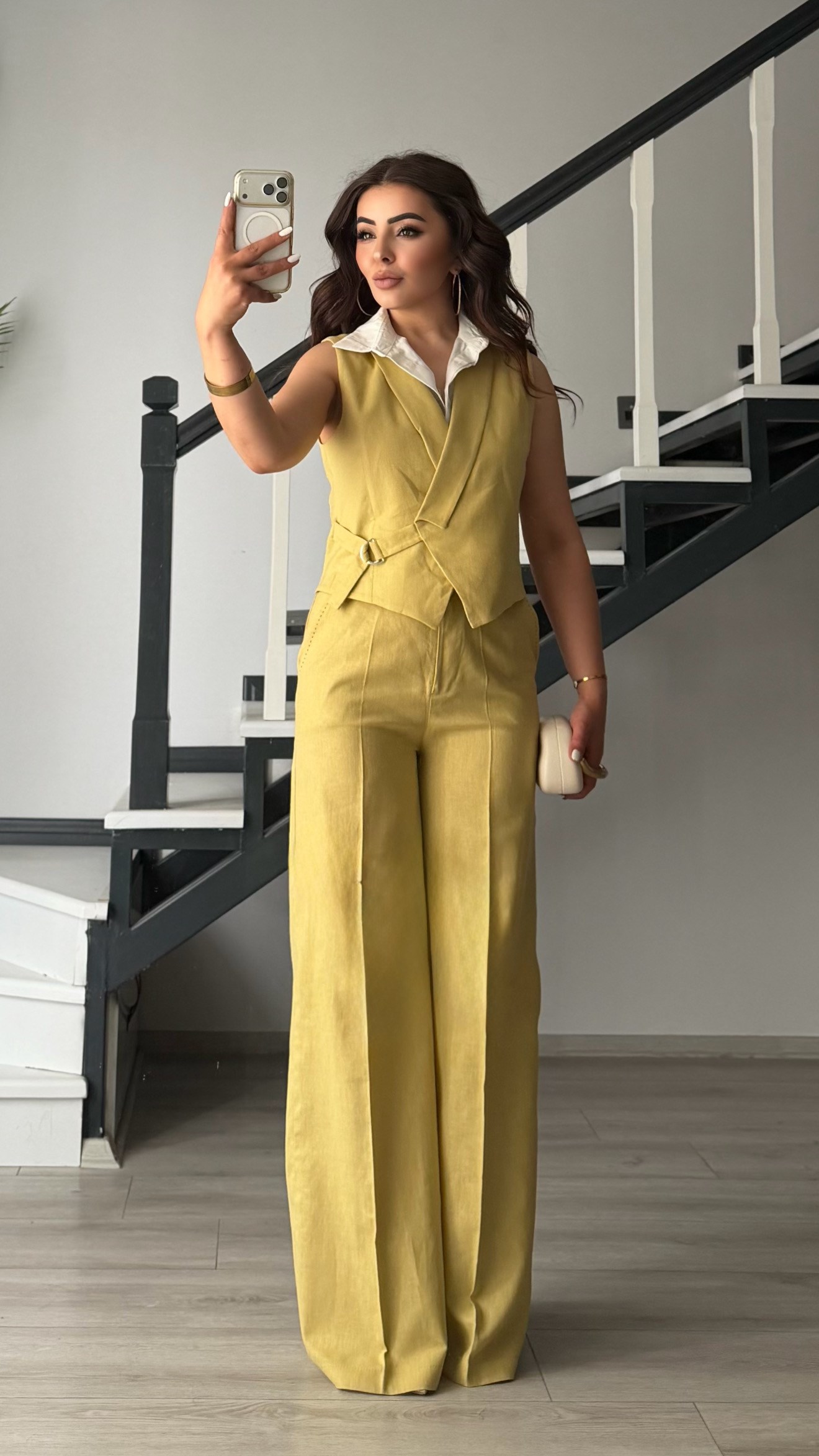 Olive Cotton Linen Pants and Vest Set with Shirt Details