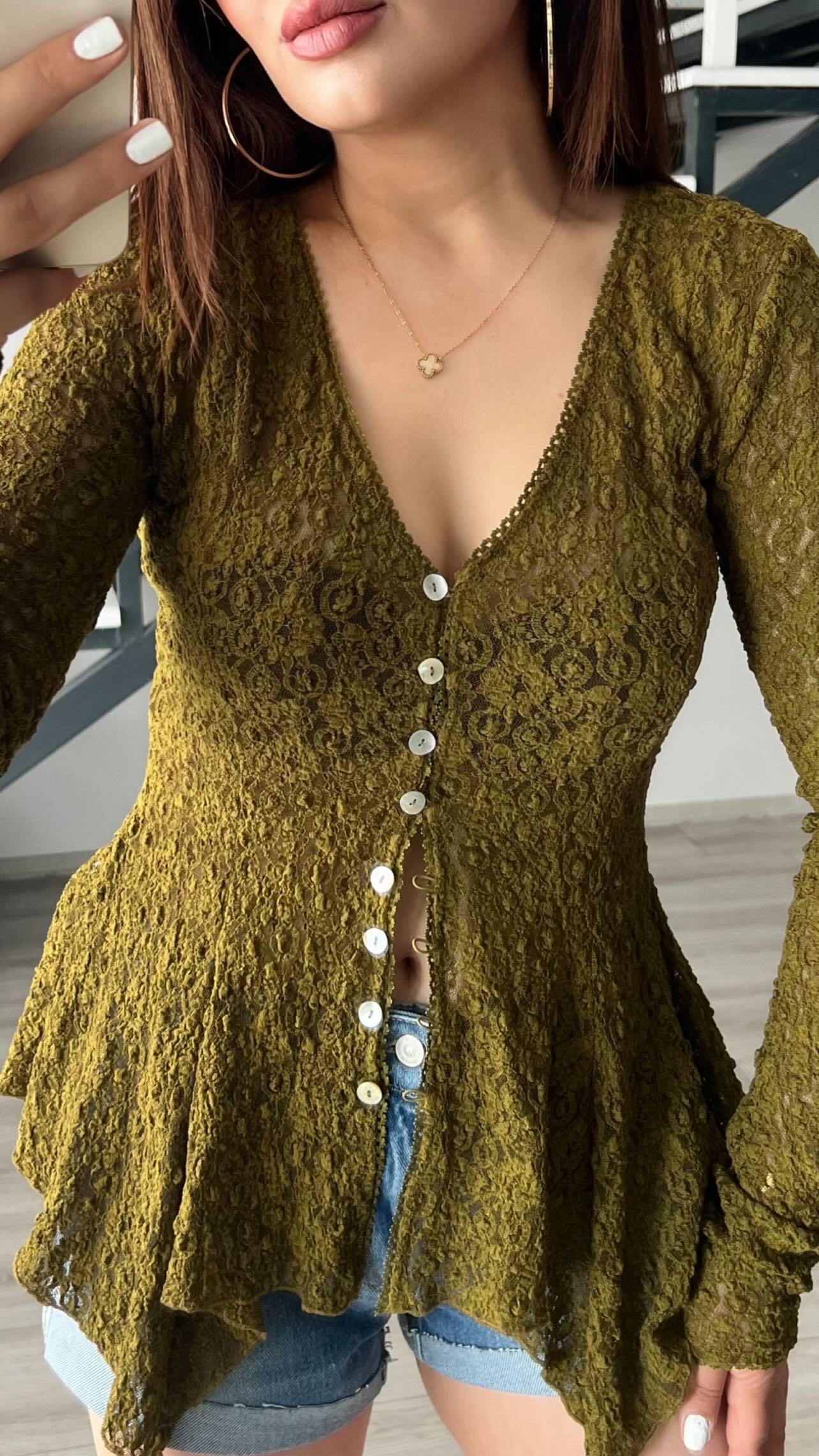 Olive Peplum Lace Blouse