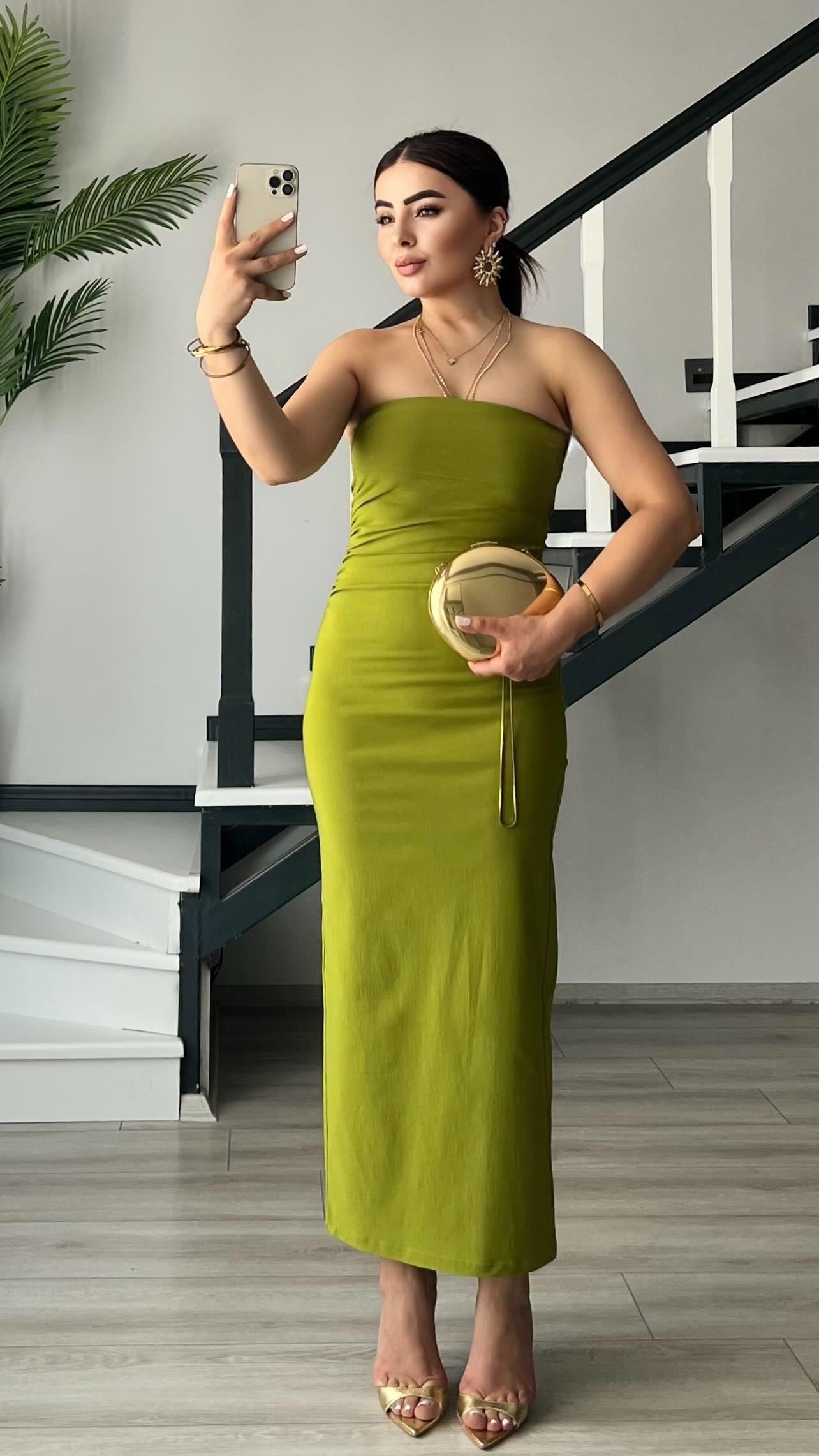 Olive Straplez Bel Gipe Detaylı Yırtmaçlı Elbise